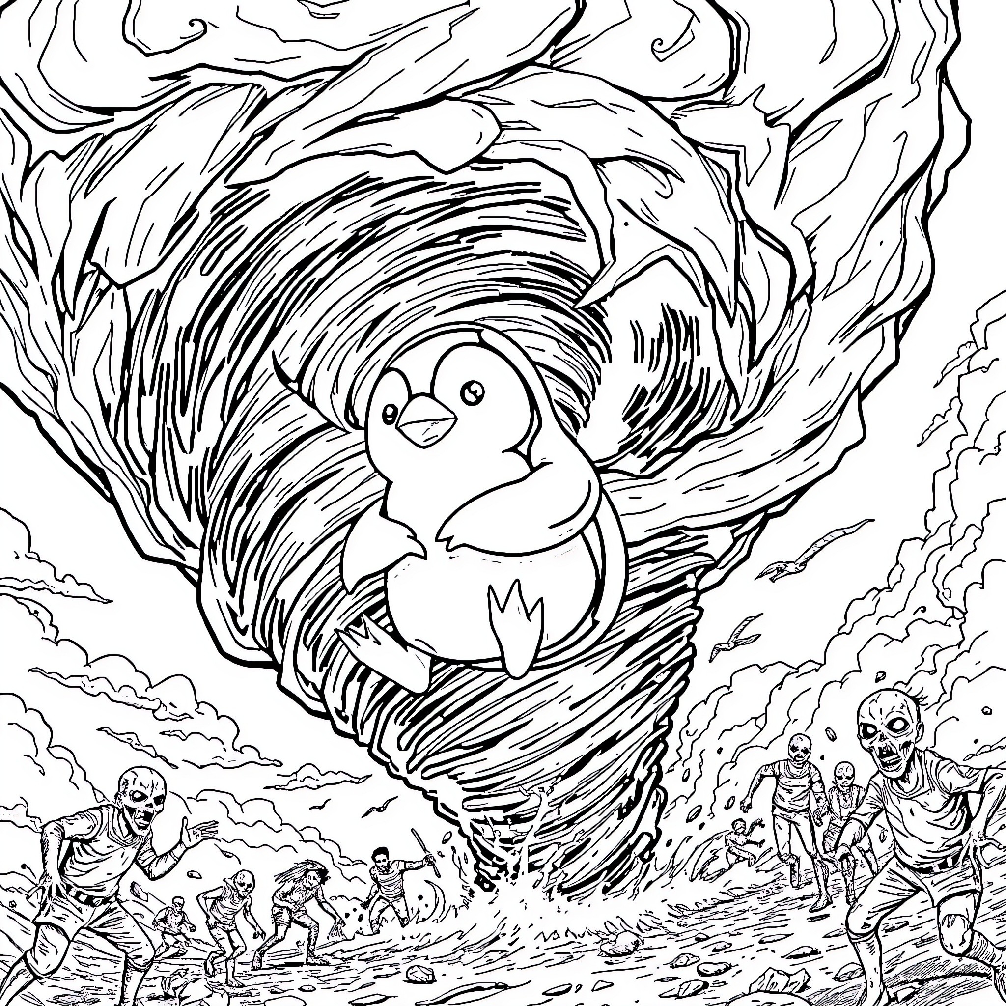 Penguin enjoying a whirlwind adventure Coloring Page (free black-and-white line drawing printable PDF for all, from beginners to advanced learners, including children, teens, adults, and seniors)