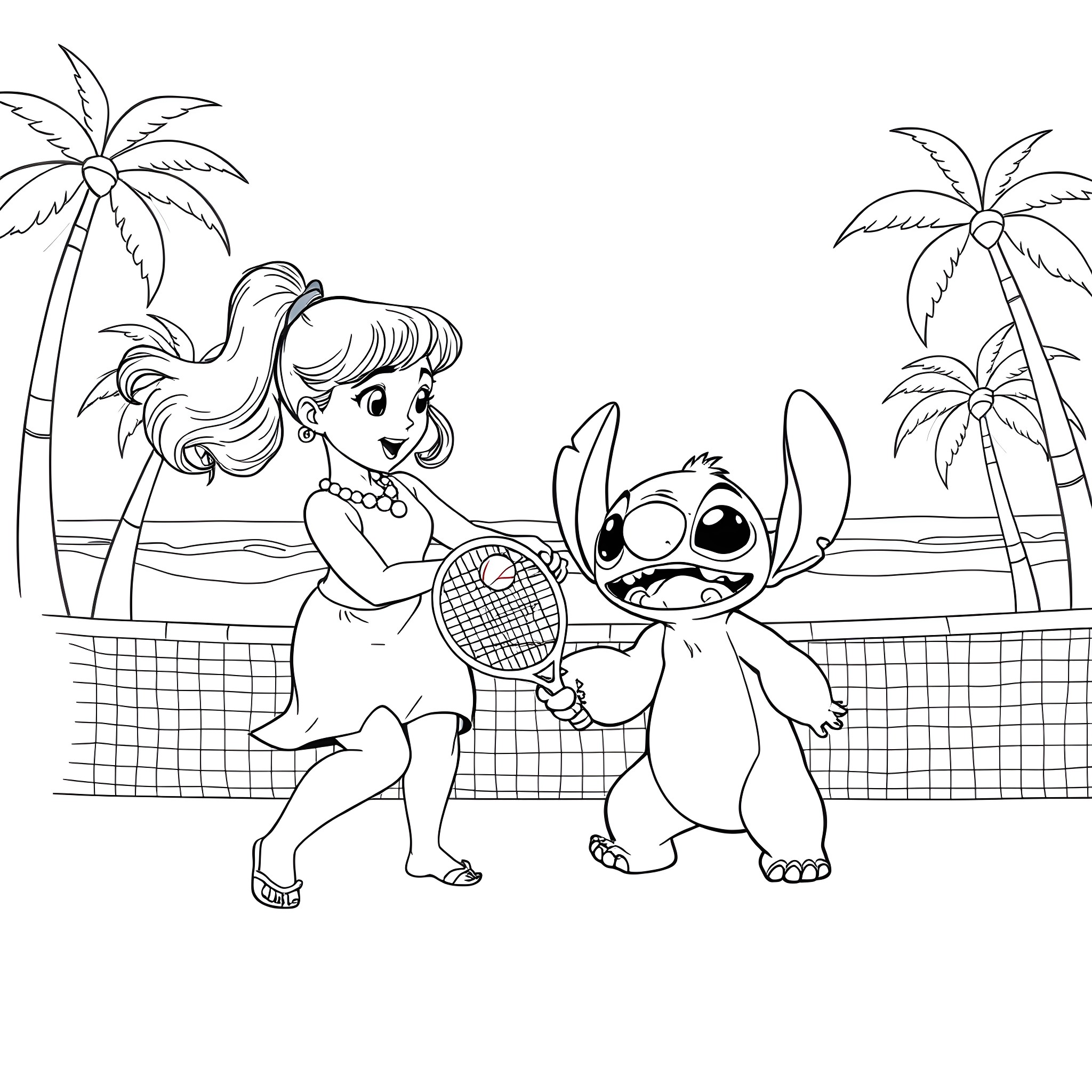 Lilo playing tennis with Stitch on the beach Coloring Page (free black-and-white line drawing printable PDF for all, from beginners to advanced learners, including children, teens, adults, and seniors)