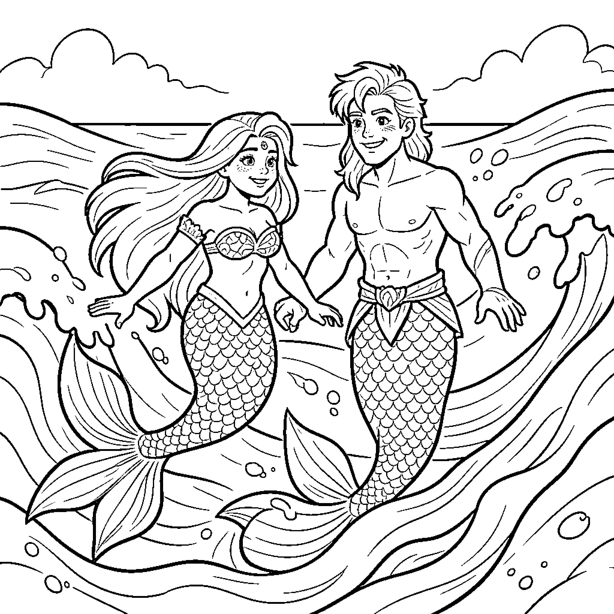 Ariel and Eric swimming together through ocean waves Coloring Page (free black-and-white line drawing printable PDF for all, from beginners to advanced learners, including children, teens, adults, and seniors)