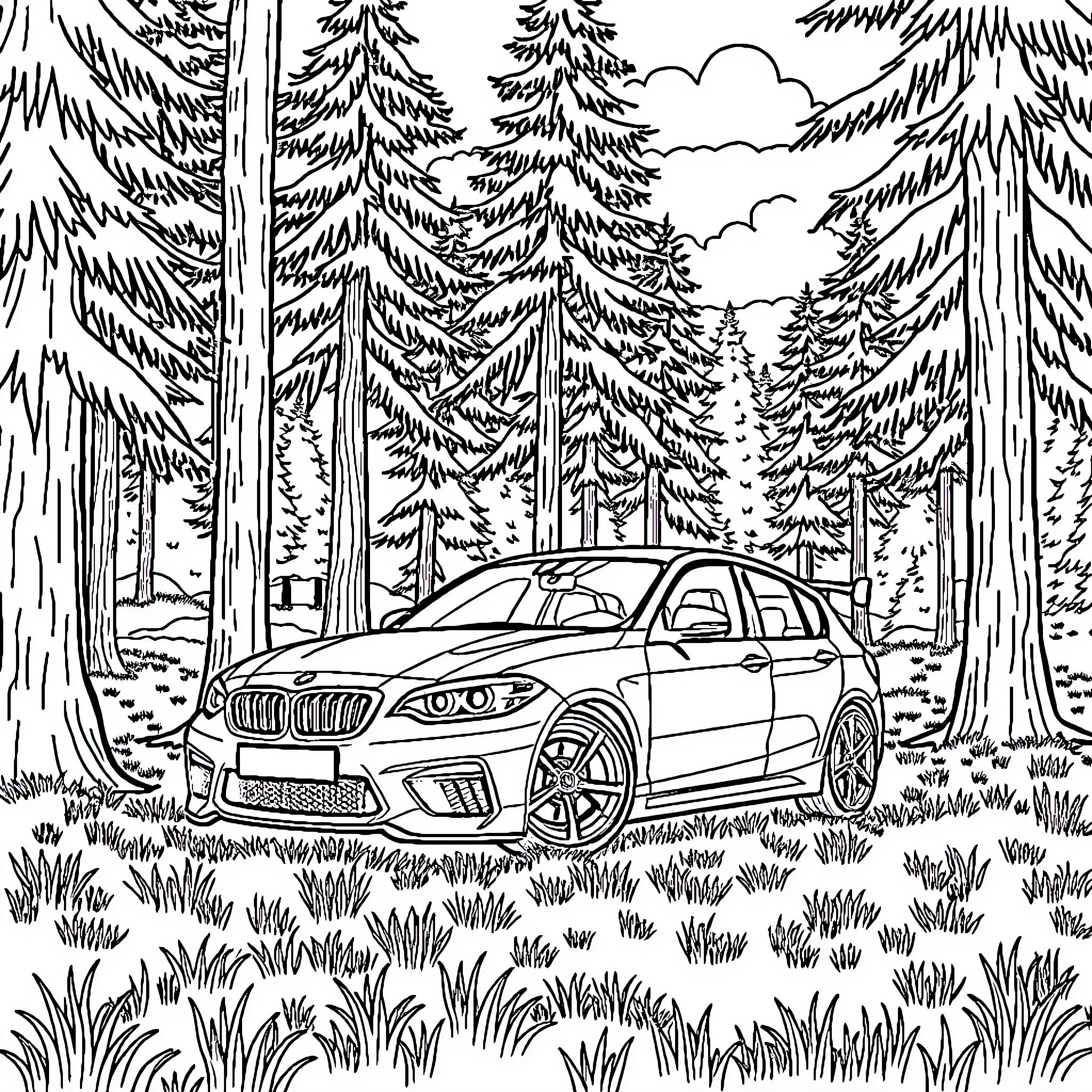 Car in the Forested Landscape Coloring Page (free black-and-white line drawing printable PDF for all, from beginners to advanced learners, including children, teens, adults, and seniors)