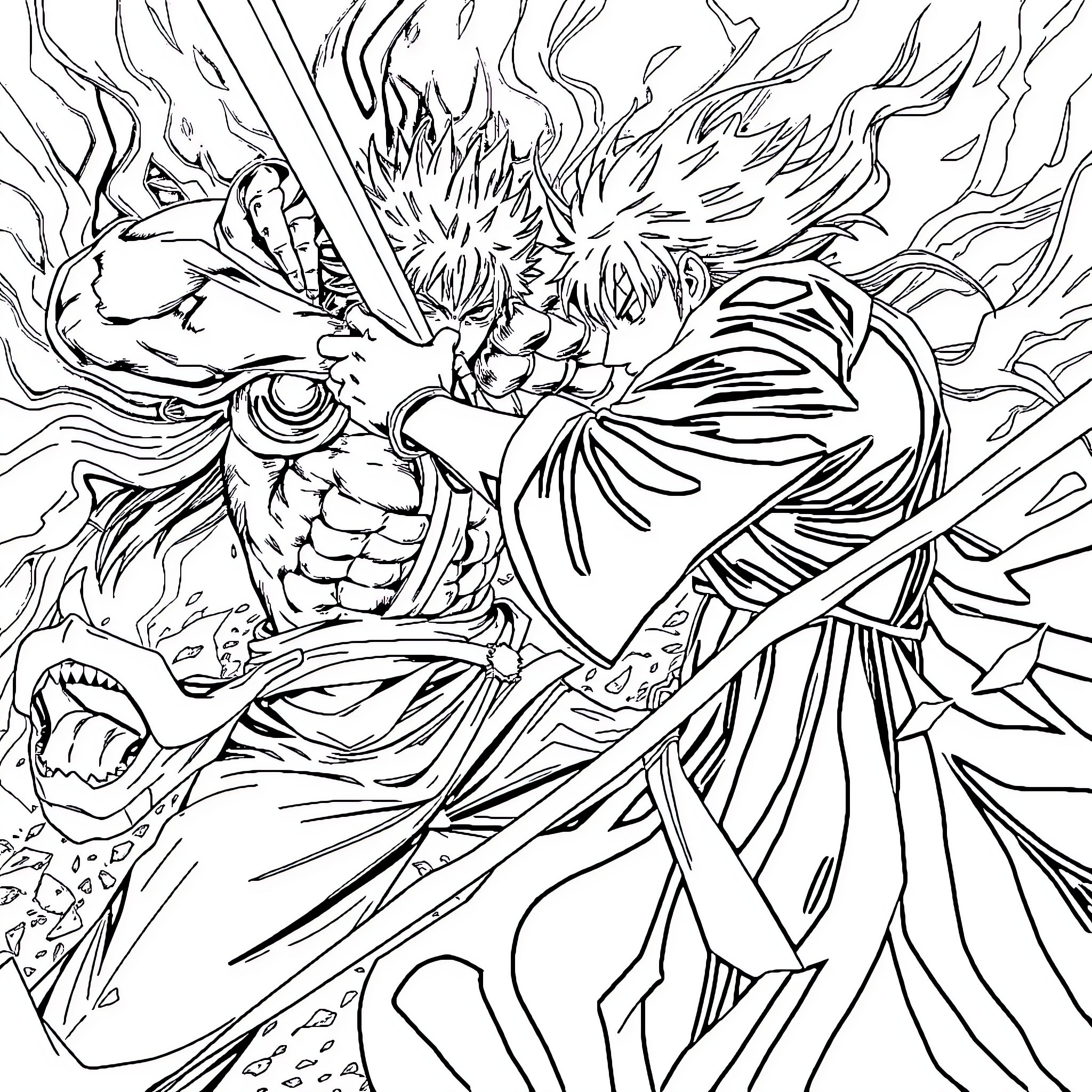 Ichigo's Fierce Battle Against a Monstrous Foe Coloring Page (free black-and-white line drawing printable PDF for all, from beginners to advanced learners, including children, teens, adults, and seniors)
