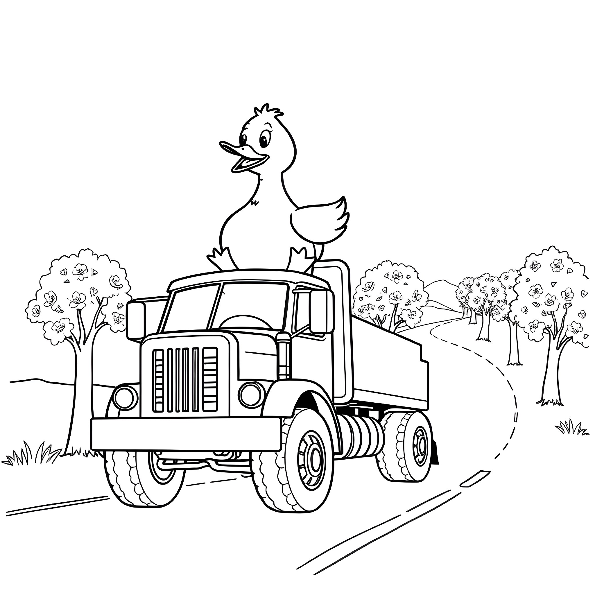 Duck riding happily on a truck in nature Coloring Page (free black-and-white line drawing printable PDF for all, from beginners to advanced learners, including children, teens, adults, and seniors)