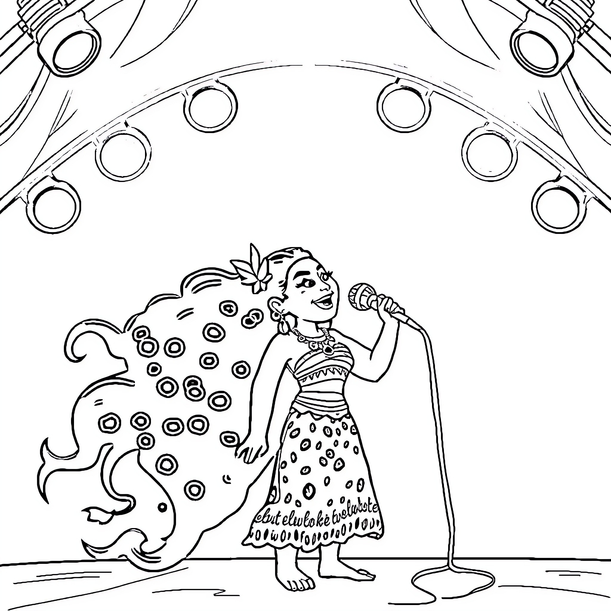 Moana singing on stage with a nautical backdrop Coloring Page (free black-and-white line drawing printable PDF for all, from beginners to advanced learners, including children, teens, adults, and seniors)