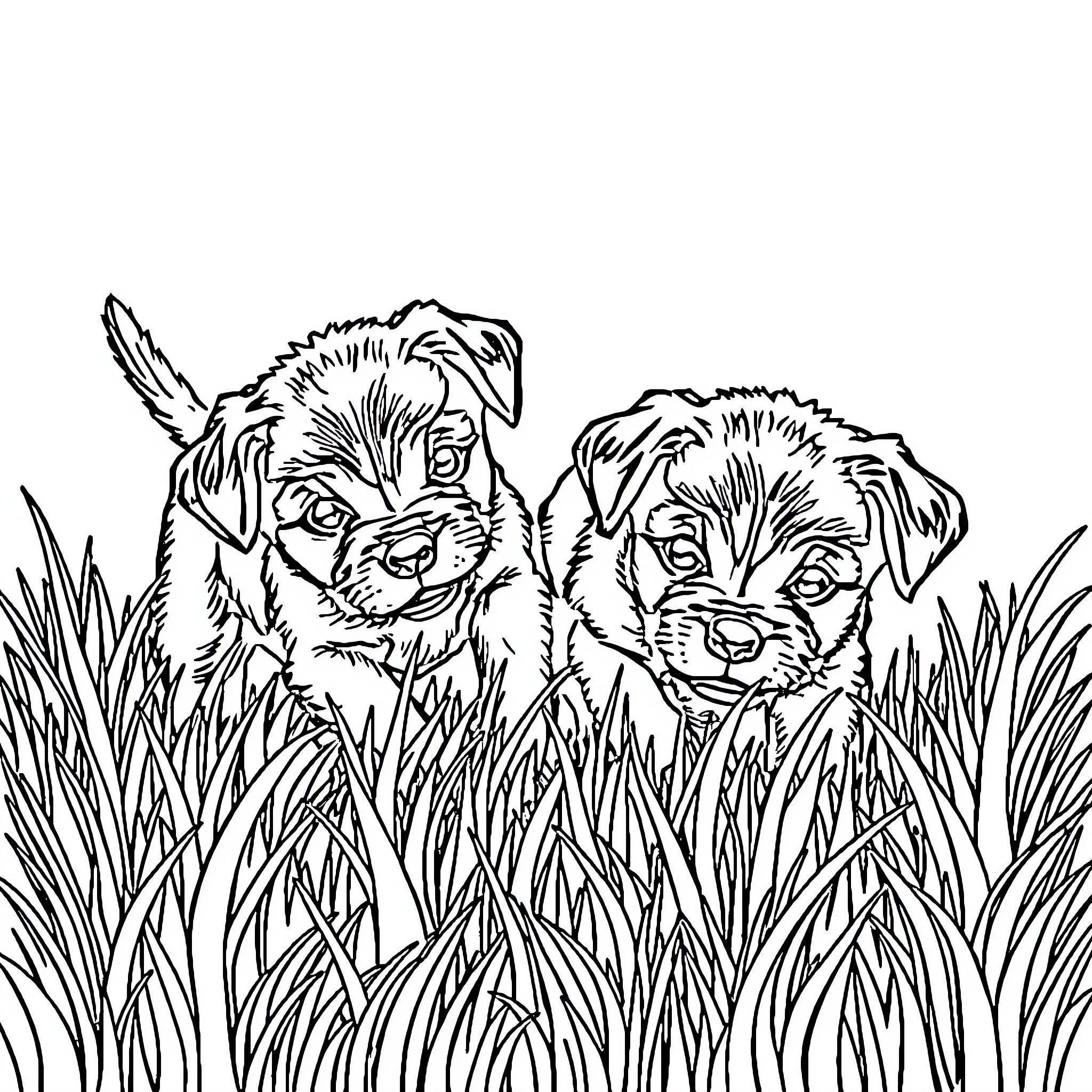 Cat Pups Peeking Through Tall Grass Coloring Page (free black-and-white line drawing printable PDF for all, from beginners to advanced learners, including children, teens, adults, and seniors)