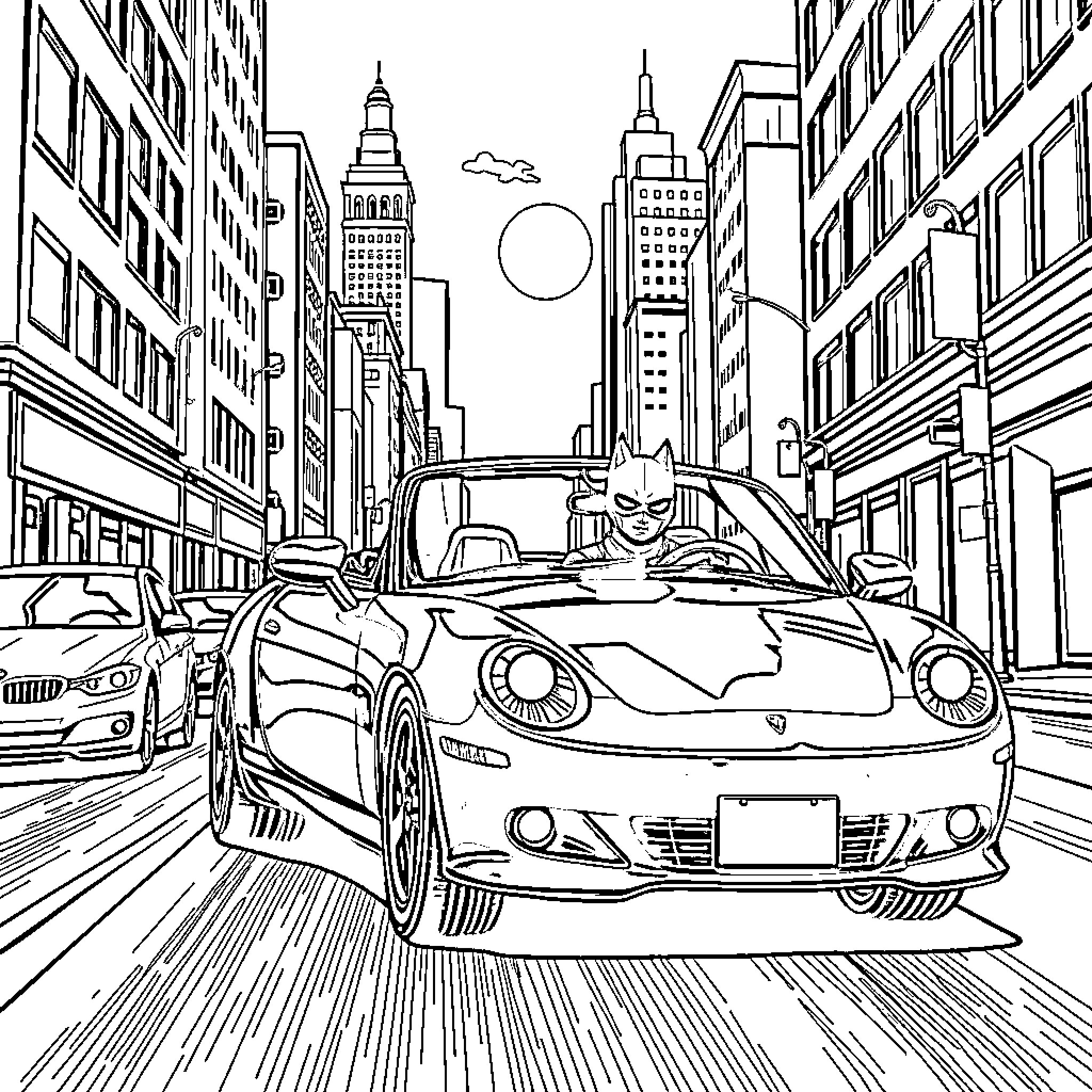 Red Hood Races Through a Busy City Skyline Coloring Page (free black-and-white line drawing printable PDF for all, from beginners to advanced learners, including children, teens, adults, and seniors)
