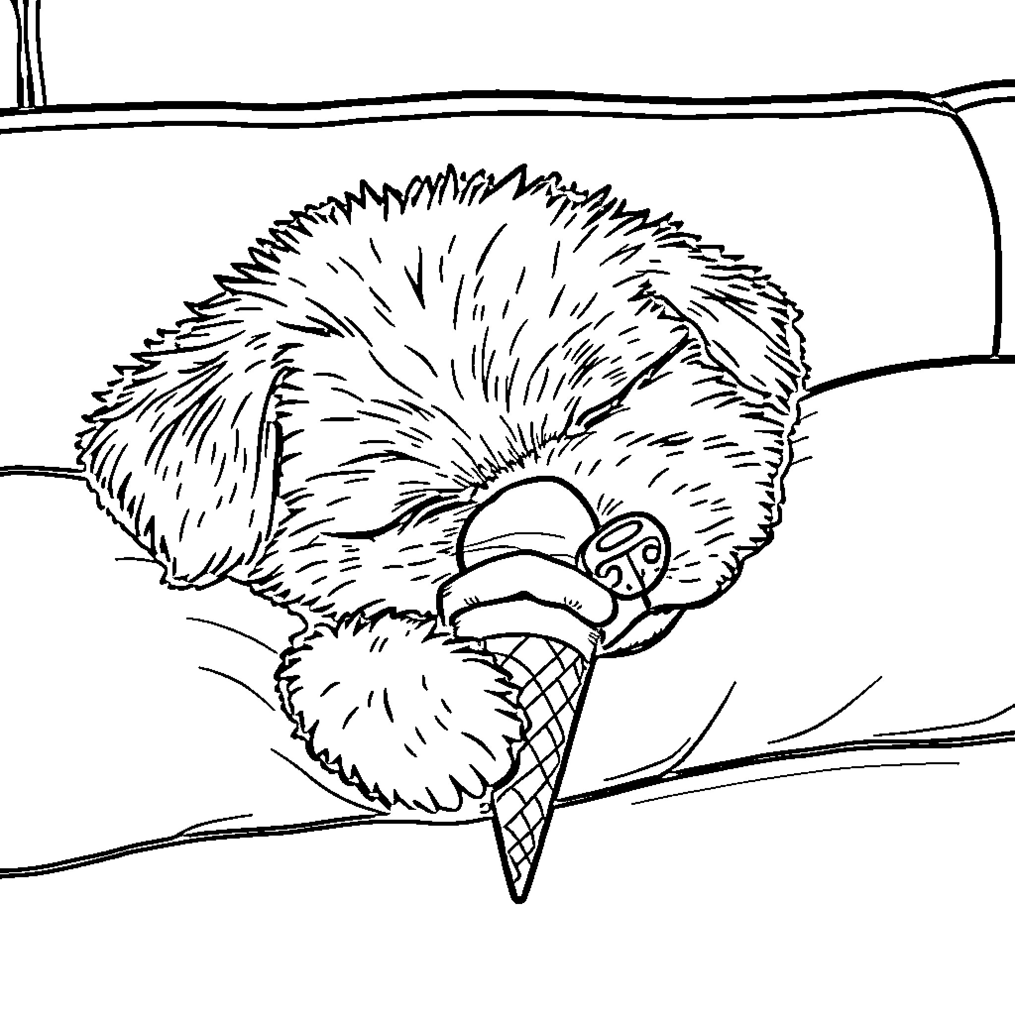 Dog enjoying an ice cream cone Coloring Page (free black-and-white line drawing printable PDF for all, from beginners to advanced learners, including children, teens, adults, and seniors)