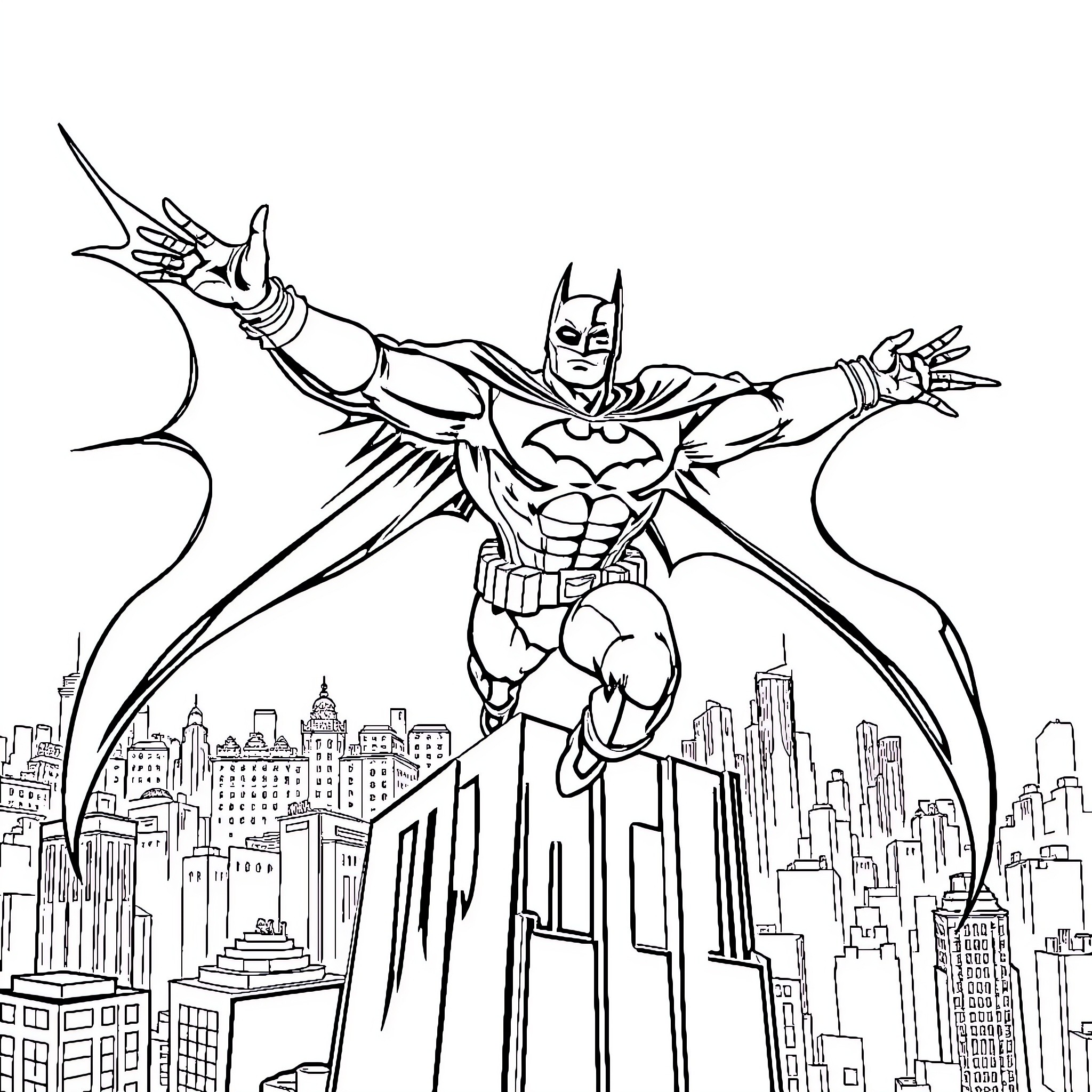 Batman soaring over the city in action pose Coloring Page (free black-and-white line drawing printable PDF for all, from beginners to advanced learners, including children, teens, adults, and seniors)