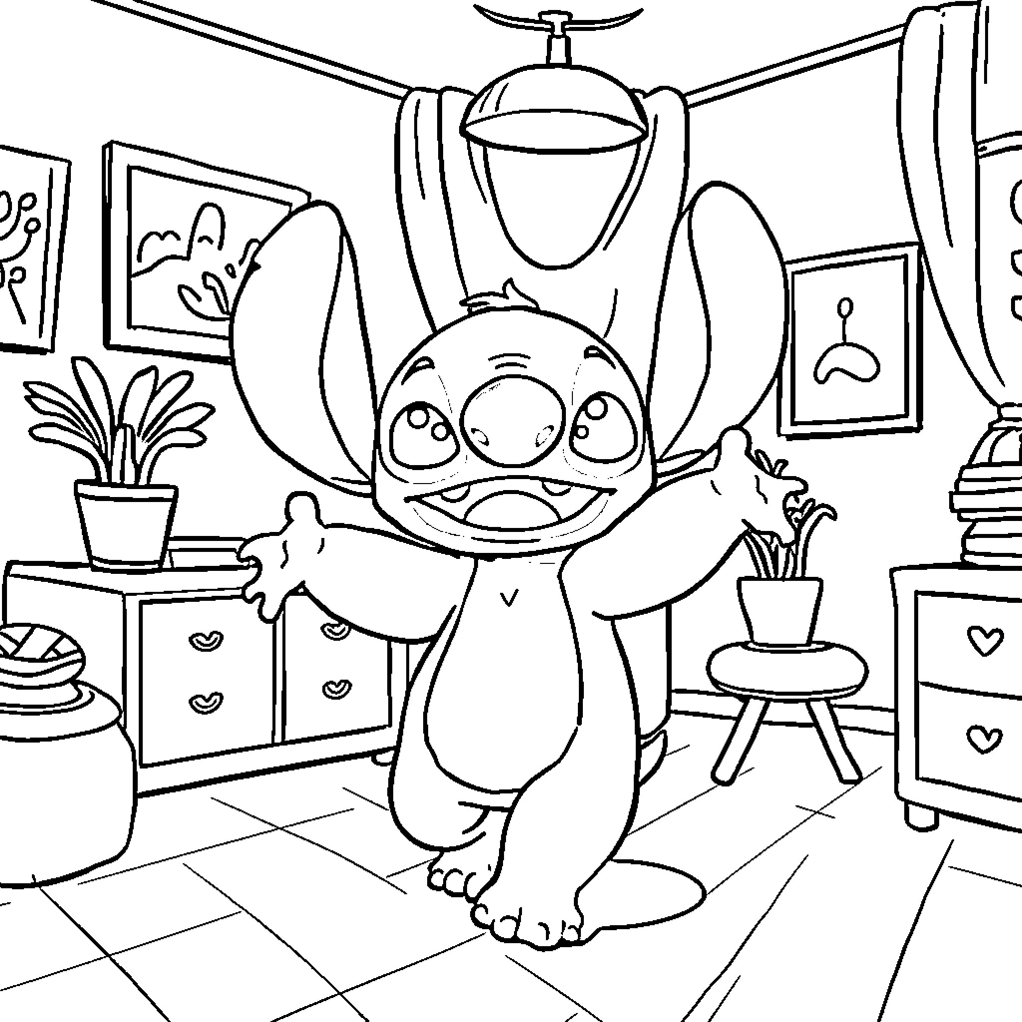 Stitch playing joyfully in his room Coloring Page (free black-and-white line drawing printable PDF for all, from beginners to advanced learners, including children, teens, adults, and seniors)