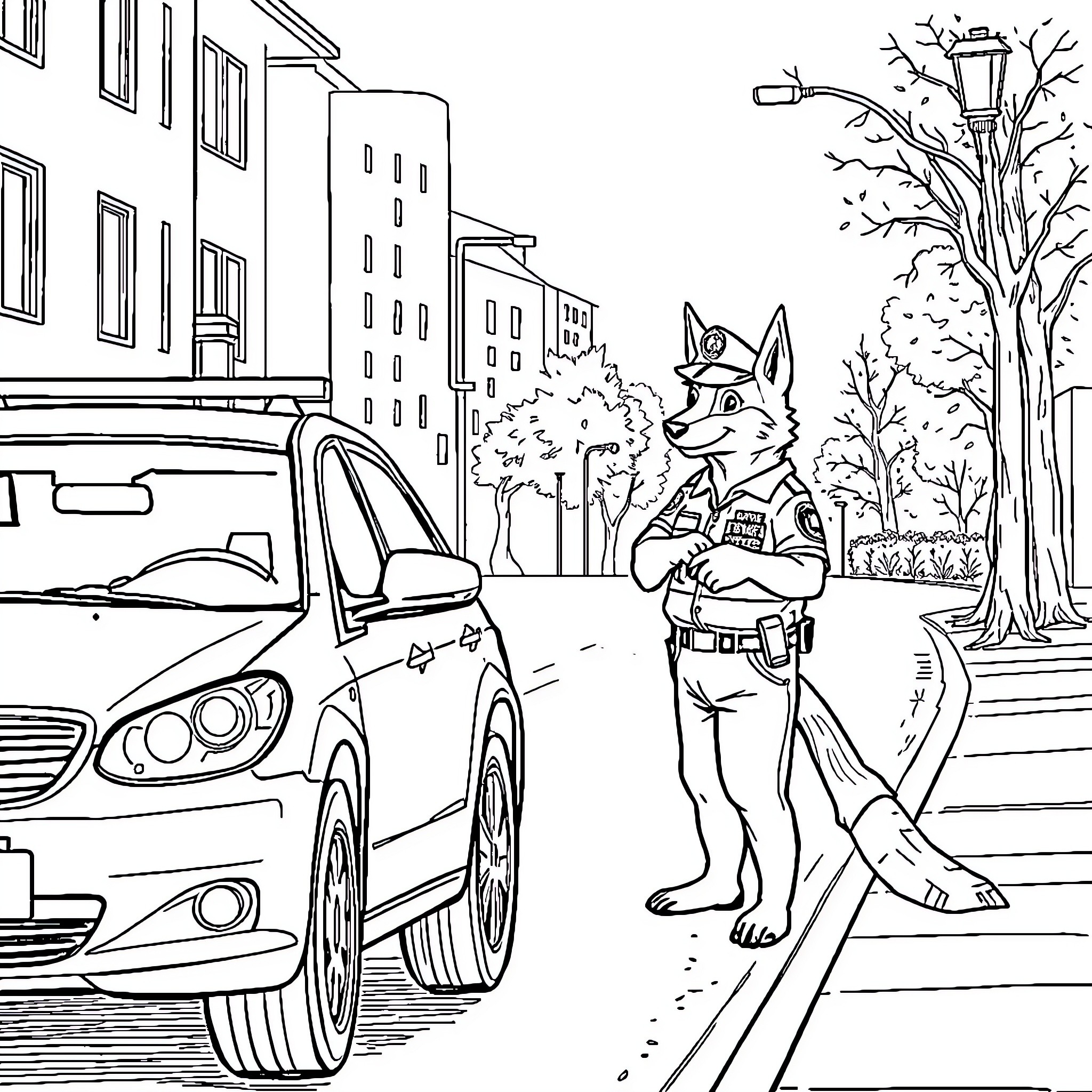 Canard police officer on patrol in the city Coloring Page (free black-and-white line drawing printable PDF for all, from beginners to advanced learners, including children, teens, adults, and seniors)