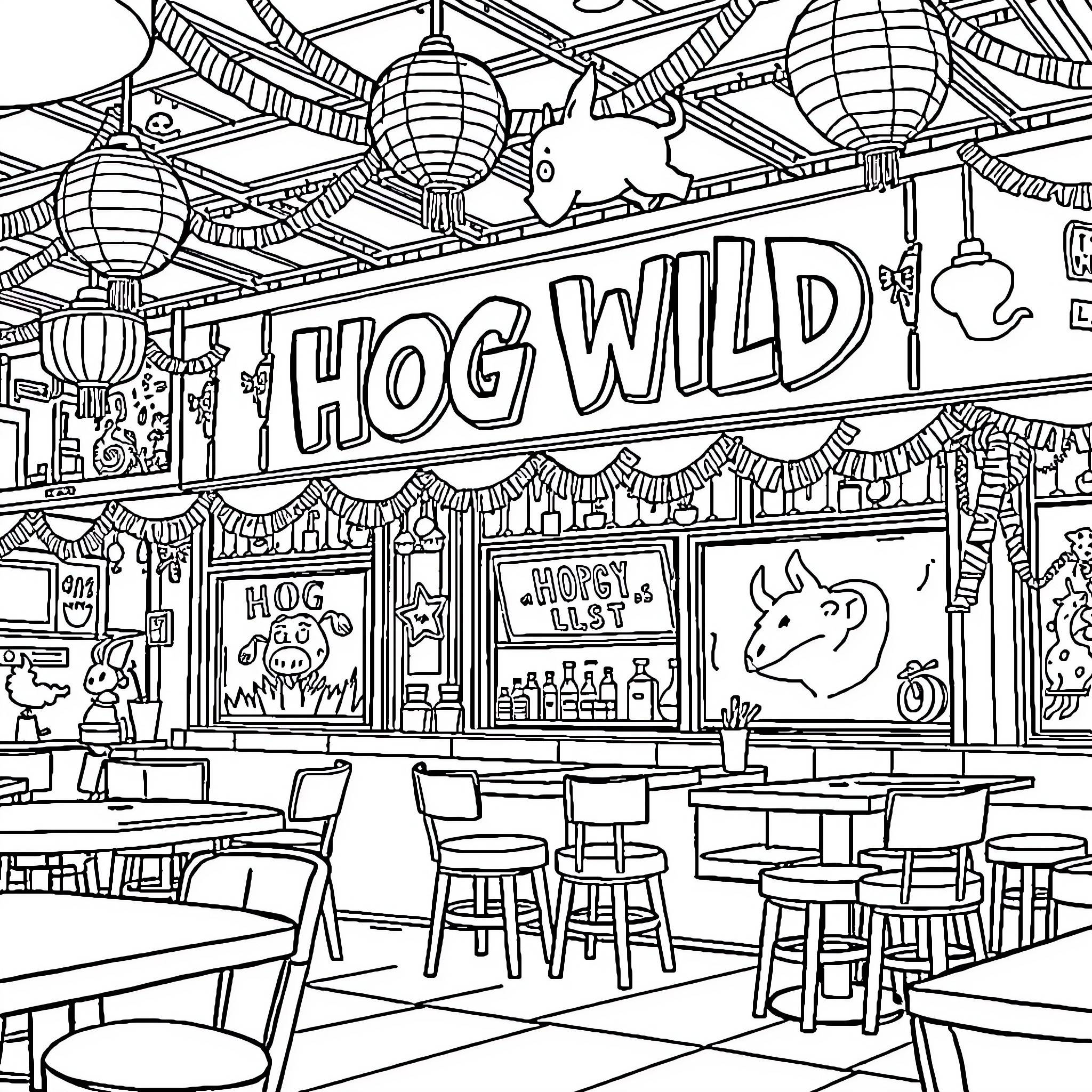 Restaurant with Playful Decor and Lively Atmosphere Coloring Page (free black-and-white line drawing printable PDF for all, from beginners to advanced learners, including children, teens, adults, and seniors)