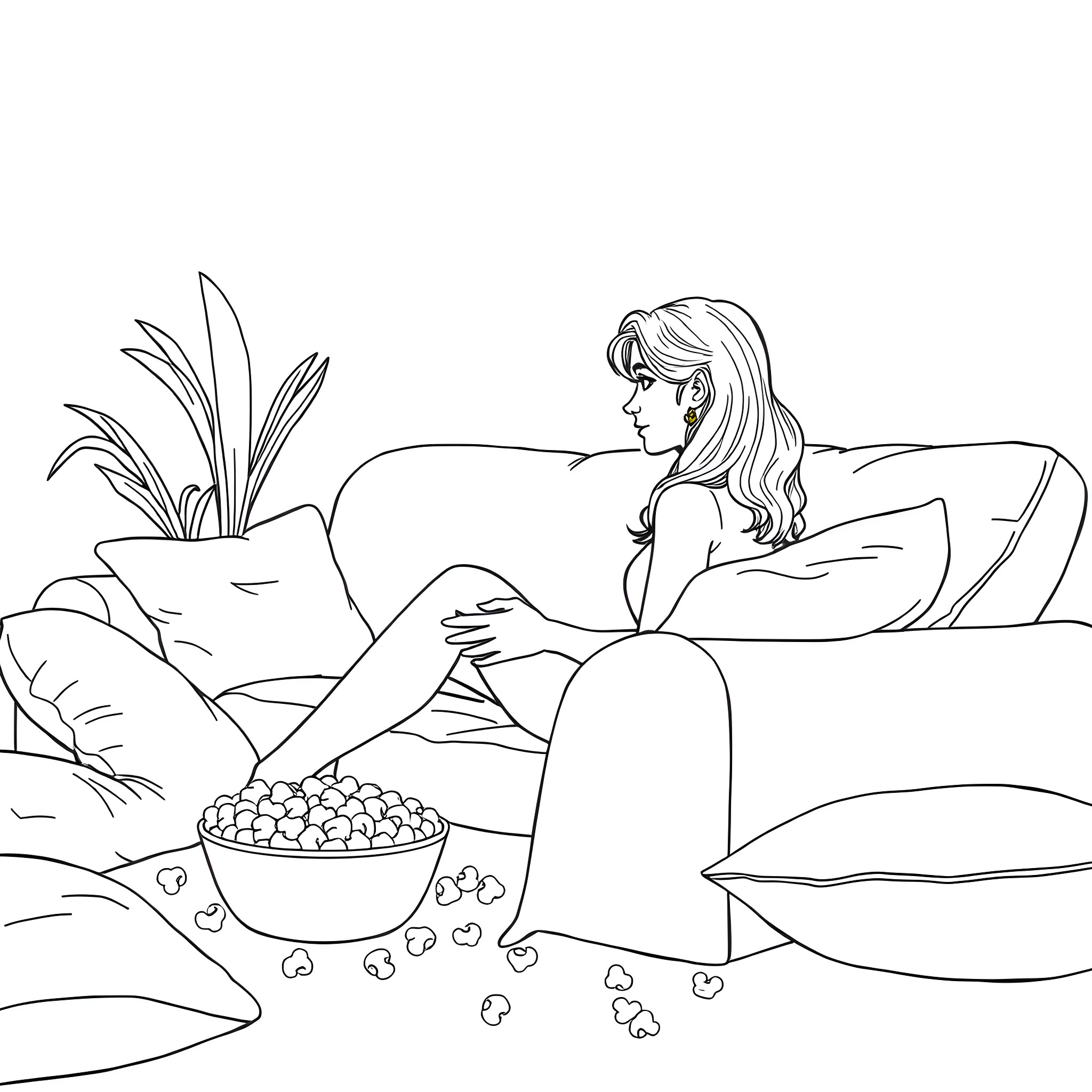 EVE relaxing with snacks on the couch Coloring Page (free black-and-white line drawing printable PDF for all, from beginners to advanced learners, including children, teens, adults, and seniors)