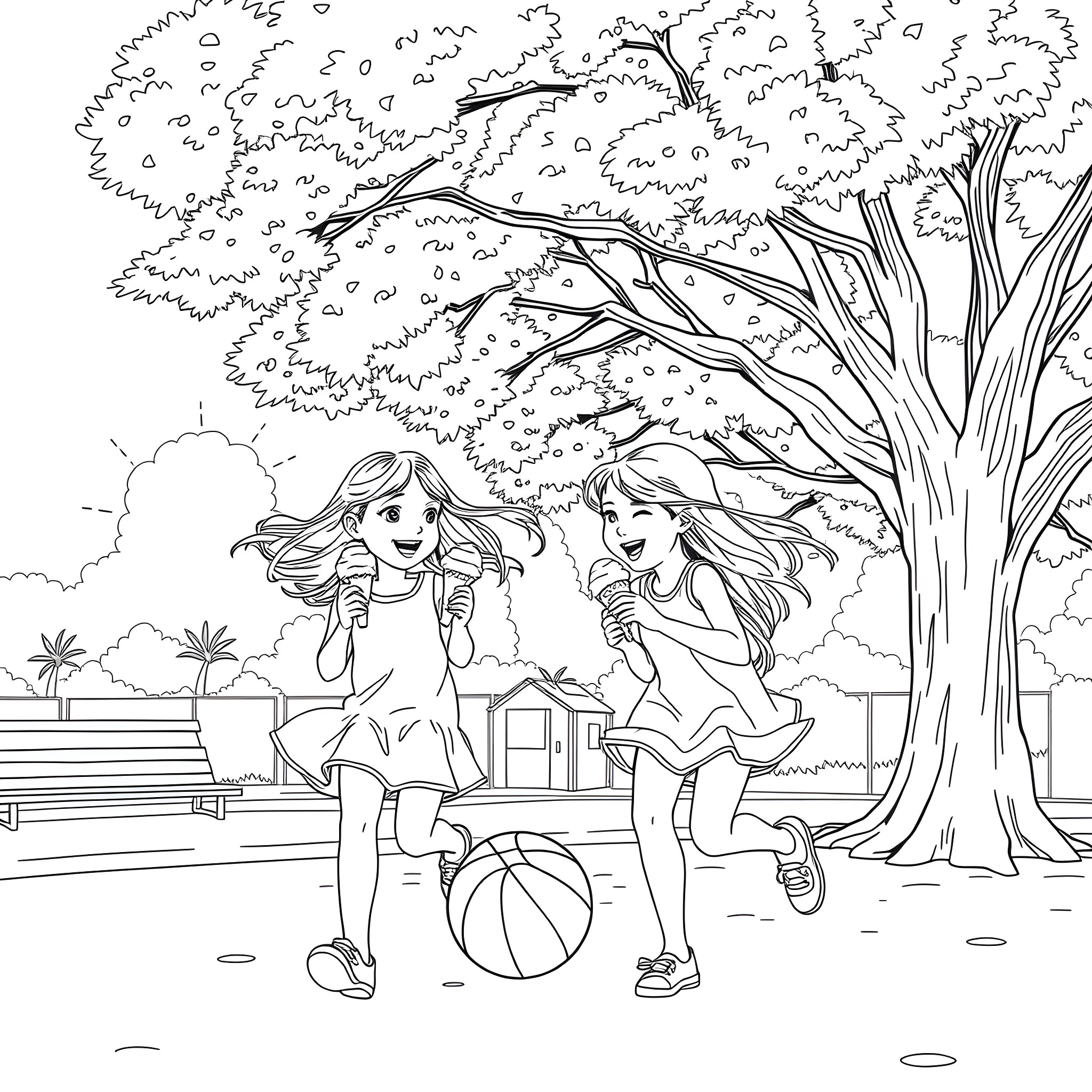 Girls playing joyfully in the park Coloring Page (free black-and-white line drawing printable PDF for all, from beginners to advanced learners, including children, teens, adults, and seniors)
