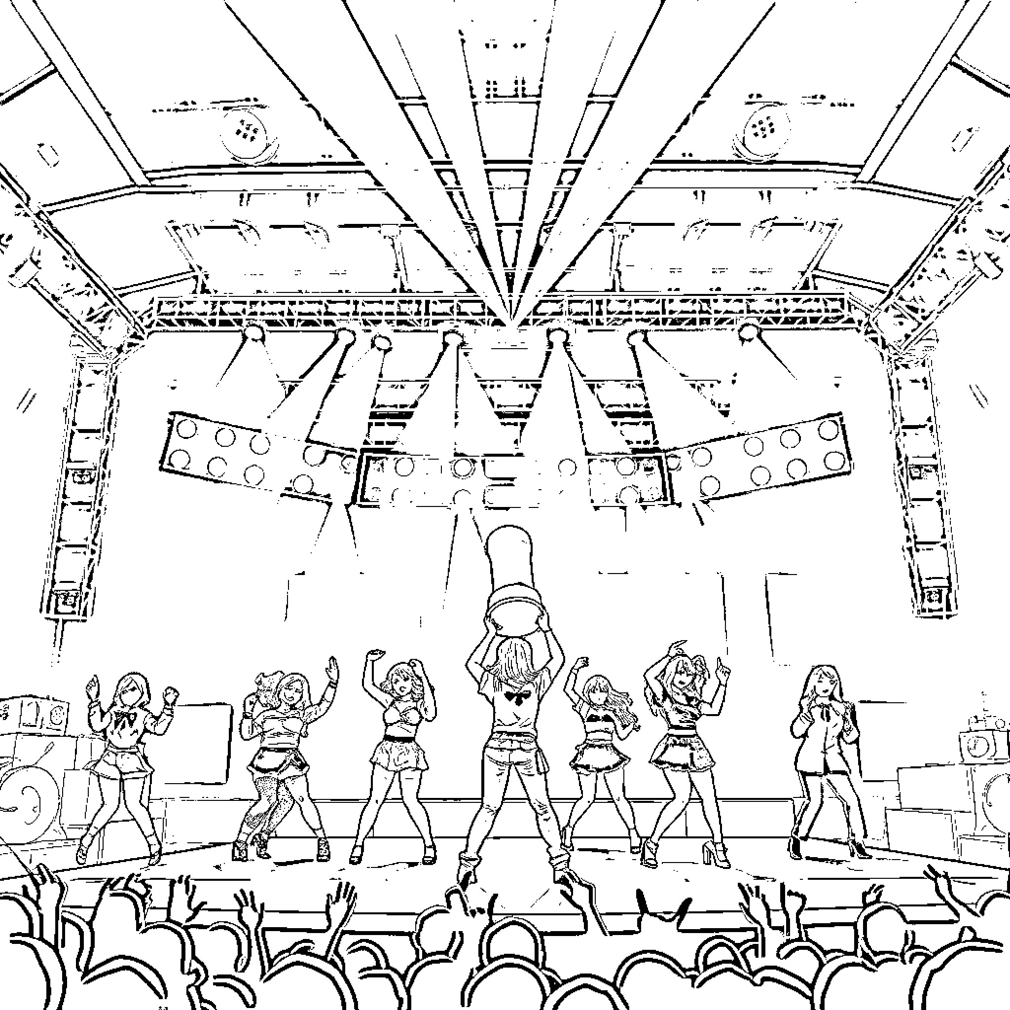Kpop Group Performing on Stage Coloring Page (free black-and-white line drawing printable PDF for all, from beginners to advanced learners, including children, teens, adults, and seniors)