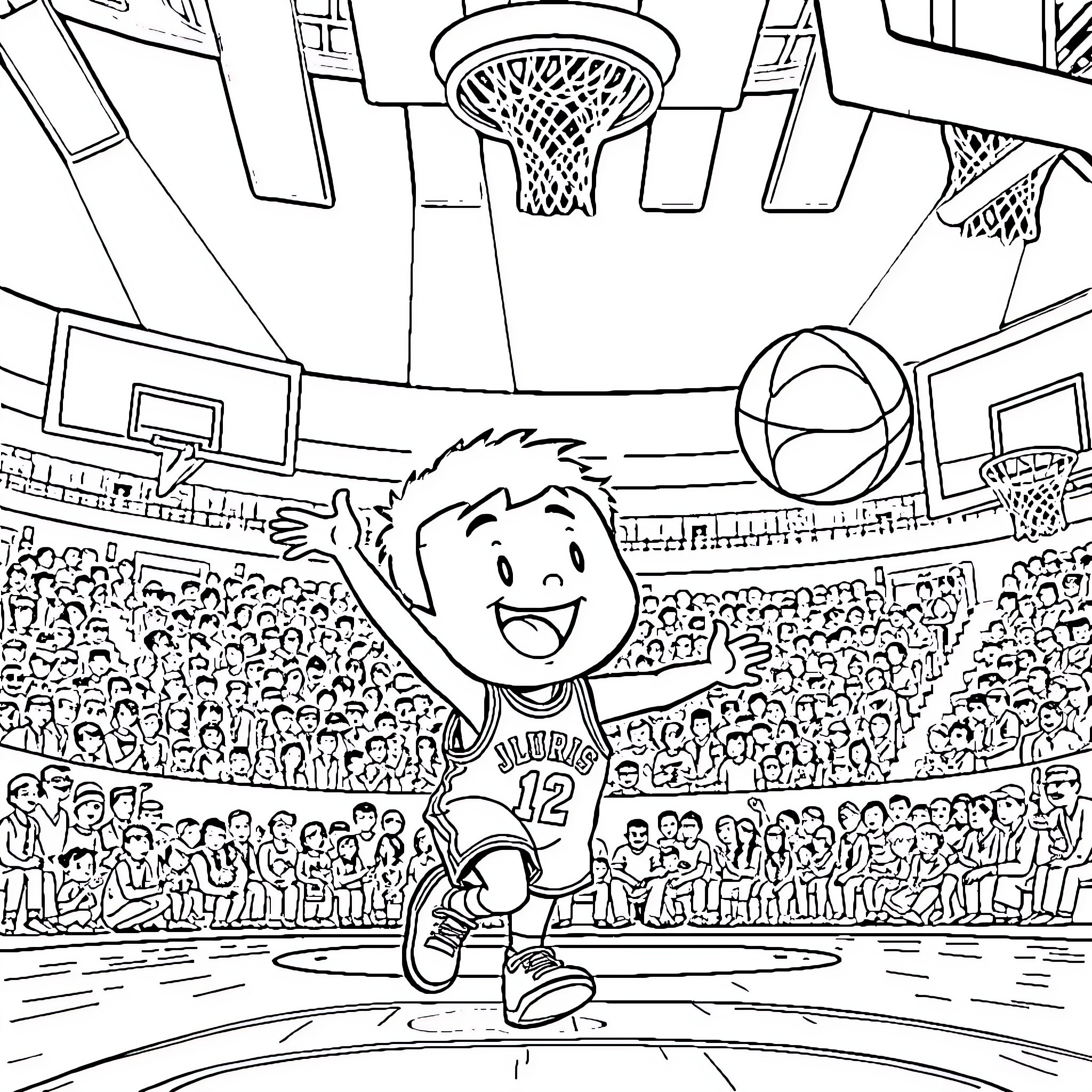 Nobita enjoying a basketball game in the arena Coloring Page (free black-and-white line drawing printable PDF for all, from beginners to advanced learners, including children, teens, adults, and seniors)