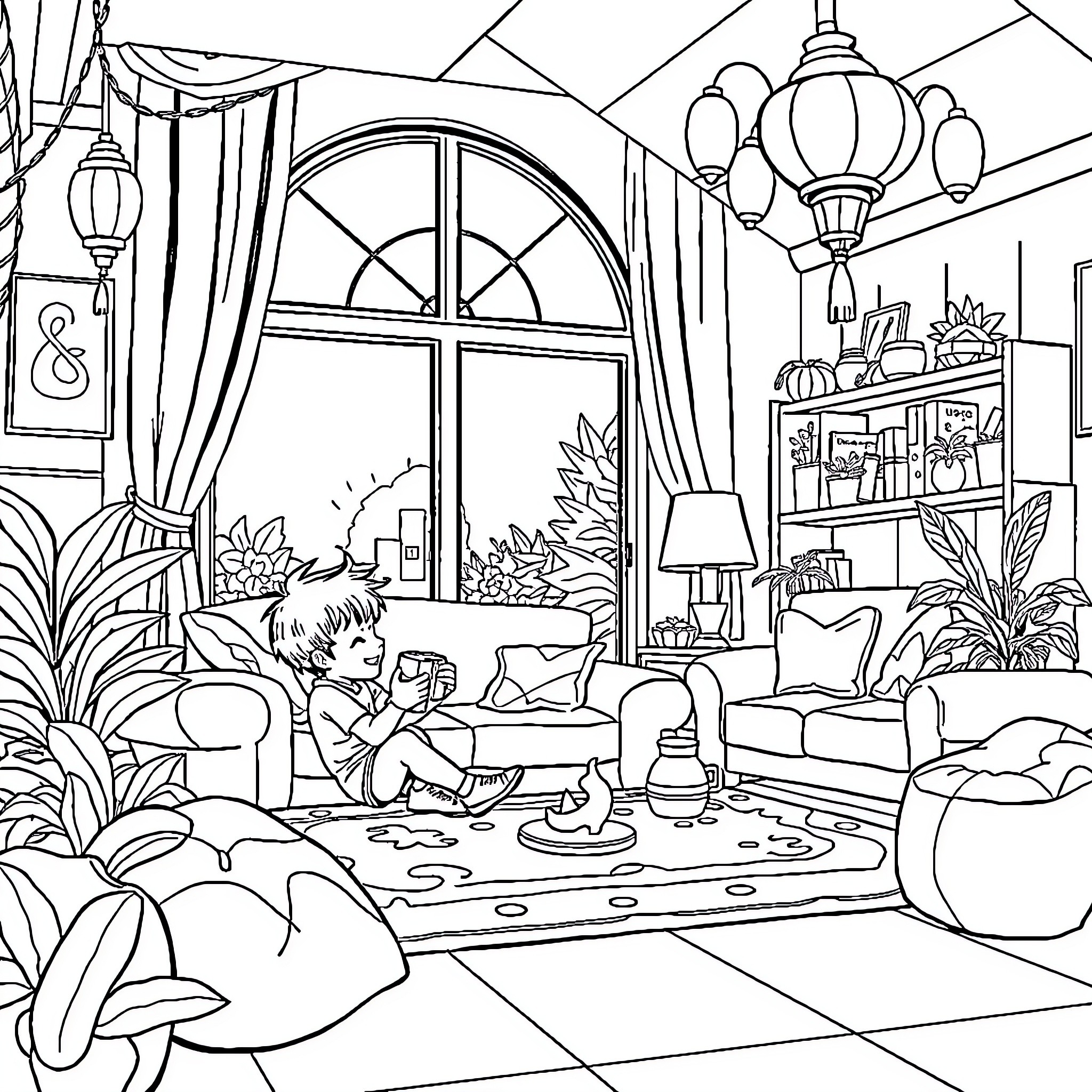Pemuda enjoying cozy indoor relaxation Coloring Page (free black-and-white line drawing printable PDF for all, from beginners to advanced learners, including children, teens, adults, and seniors)