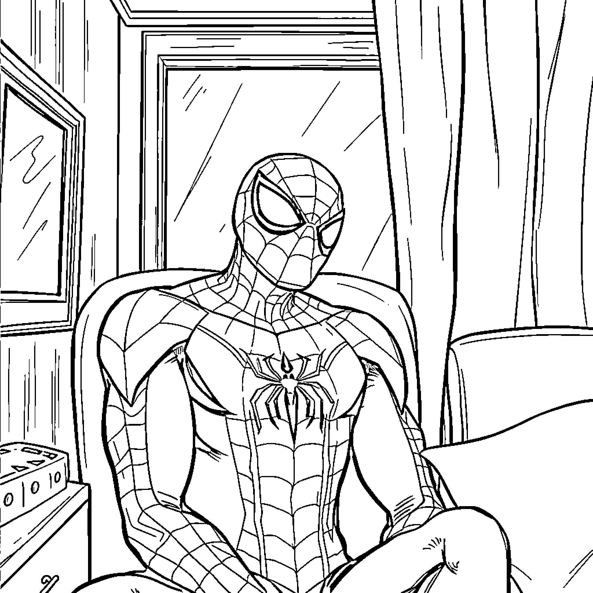 Spiderman gazing through window in shadowy room Coloring Page (free black-and-white line drawing printable PDF for all, from beginners to advanced learners, including children, teens, adults, and seniors)
