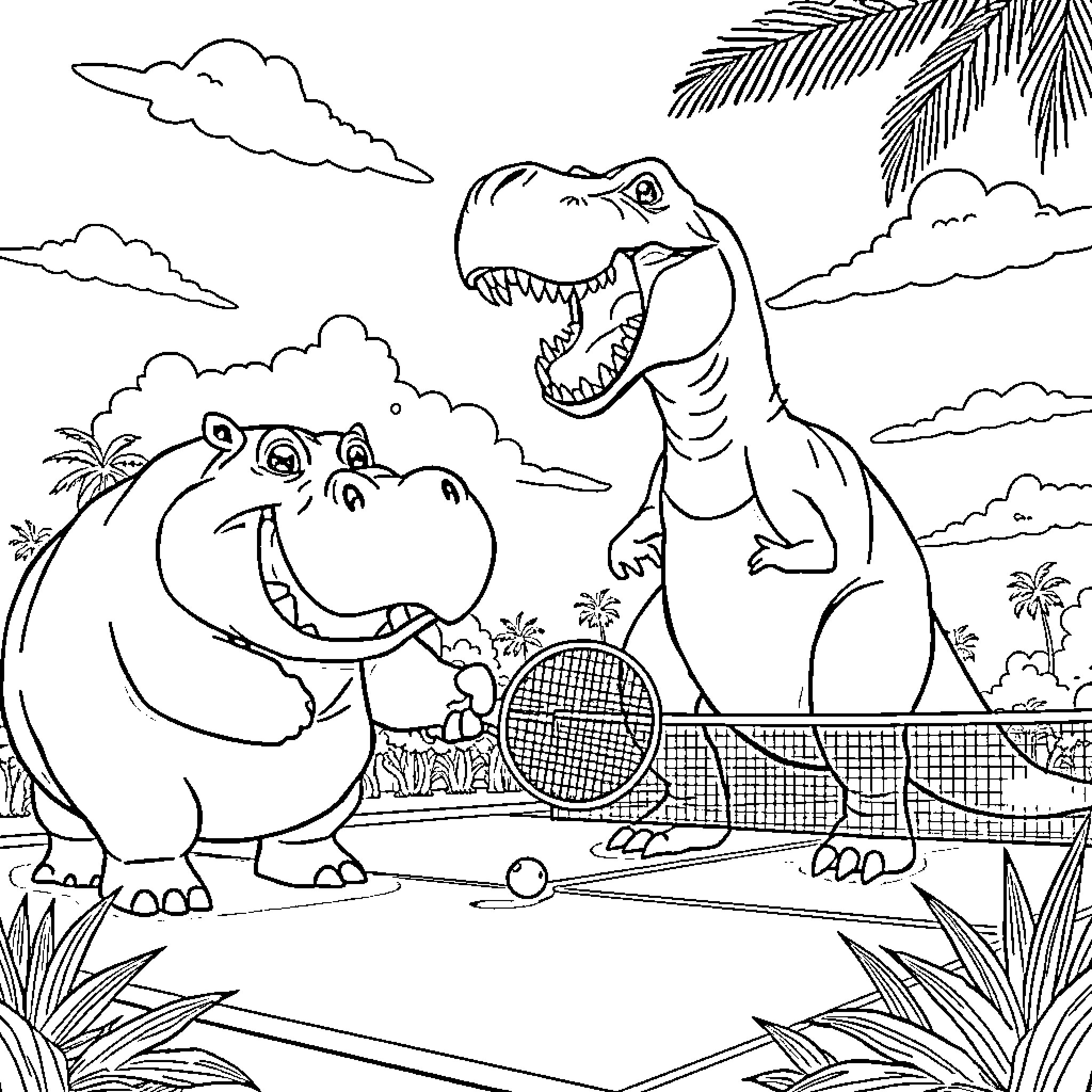 Hippos playing tennis in a tropical setting Coloring Page (free black-and-white line drawing printable PDF for all, from beginners to advanced learners, including children, teens, adults, and seniors)