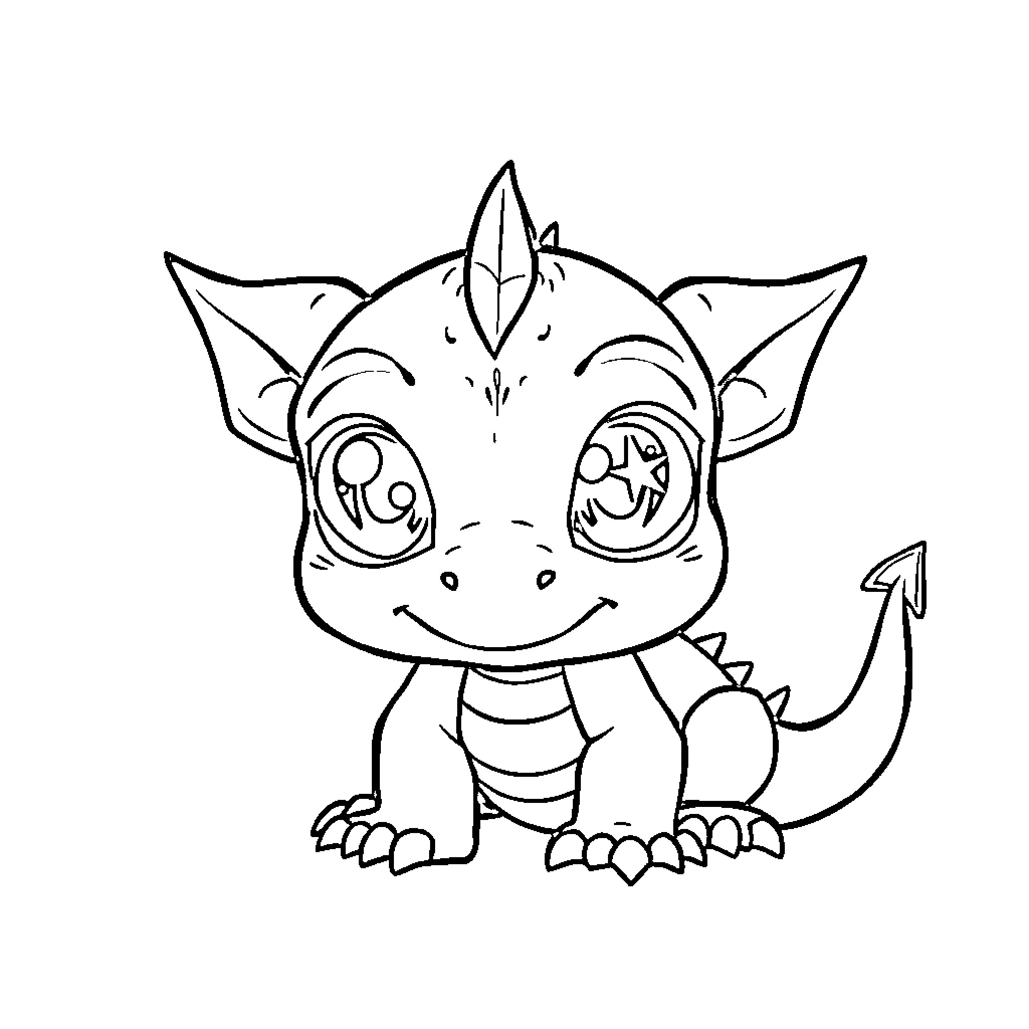 Dragon creature with a happy expression Coloring Page (free black-and-white line drawing printable PDF for all, from beginners to advanced learners, including children, teens, adults, and seniors)