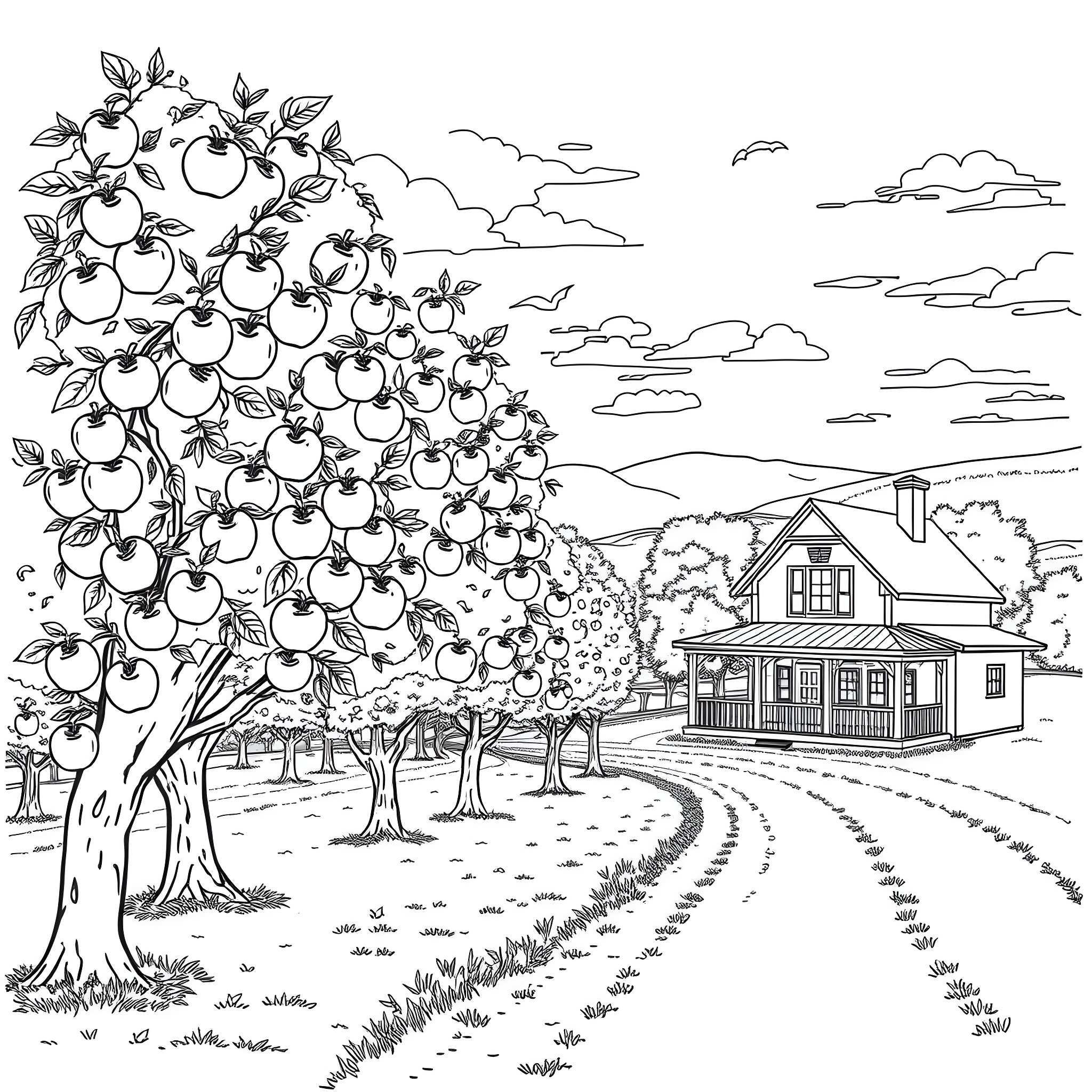 Apple Tree and Cottage in the Countryside Coloring Page (free black-and-white line drawing printable PDF for all, from beginners to advanced learners, including children, teens, adults, and seniors)
