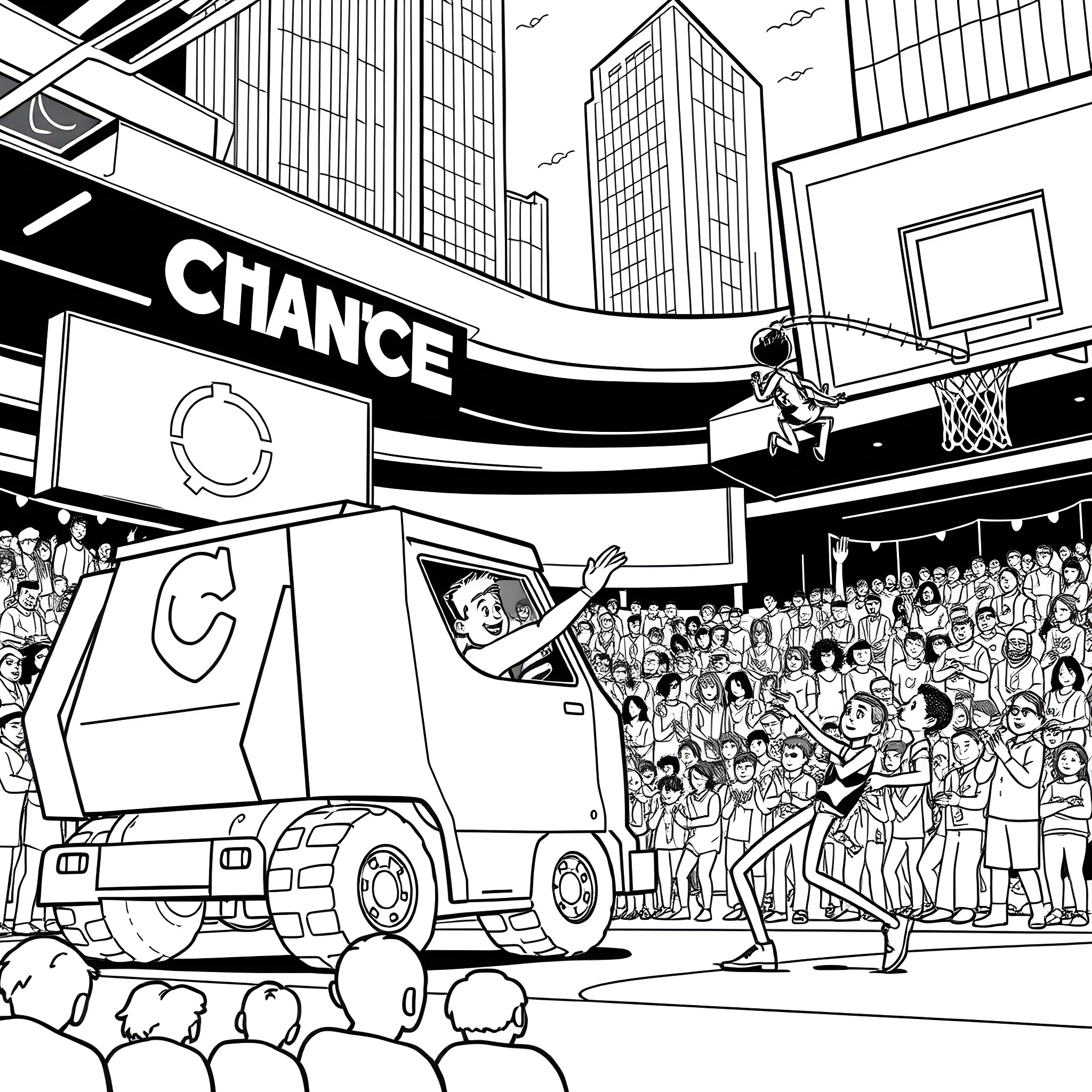 Trash Truck Entertaining Spectators at Chance Event Coloring Page (free black-and-white line drawing printable PDF for all, from beginners to advanced learners, including children, teens, adults, and seniors)