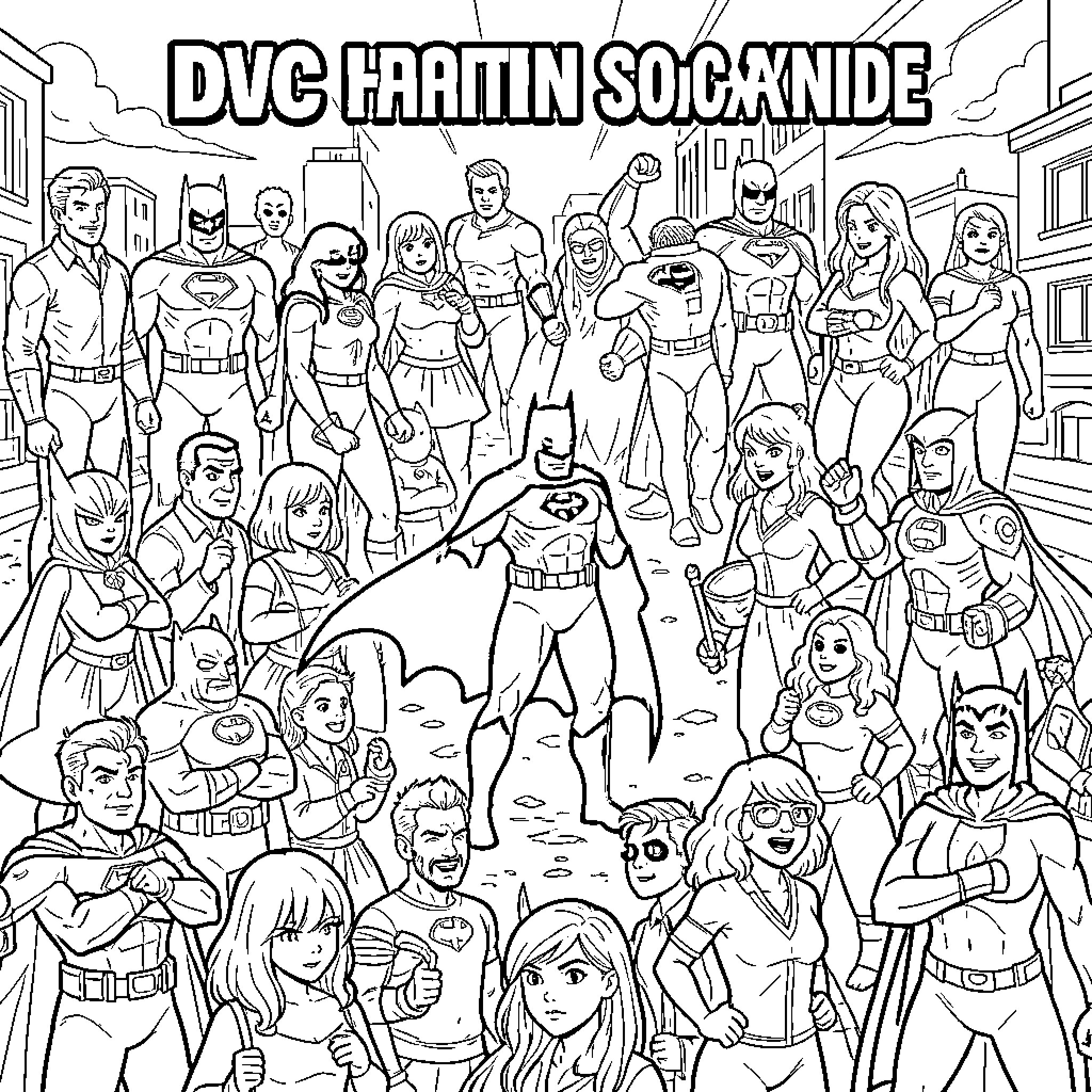 Batman and his superhero friends in action Coloring Page (free black-and-white line drawing printable PDF for all, from beginners to advanced learners, including children, teens, adults, and seniors)