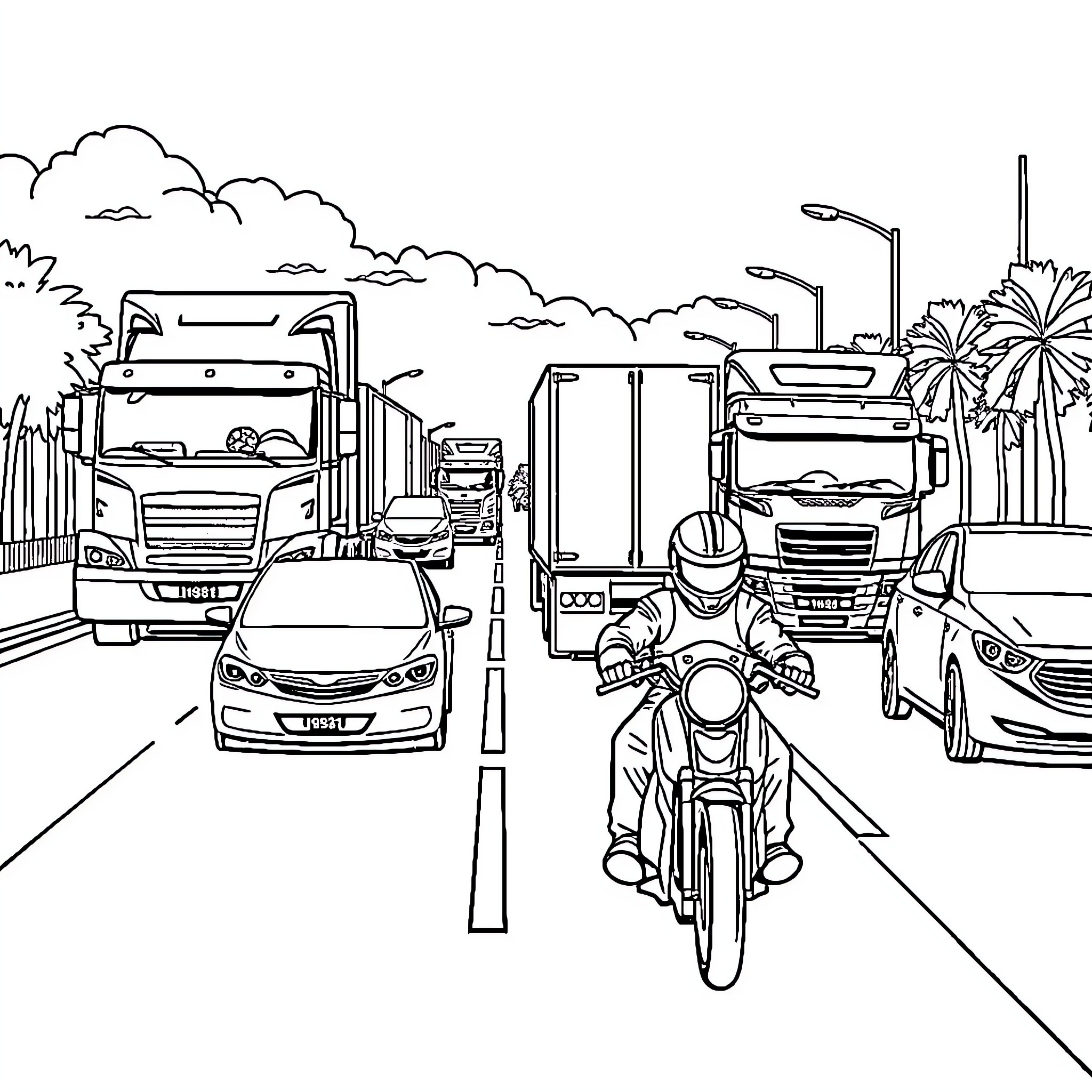 Vehicle Traffic on Busy Urban Street Coloring Page (free black-and-white line drawing printable PDF for all, from beginners to advanced learners, including children, teens, adults, and seniors)