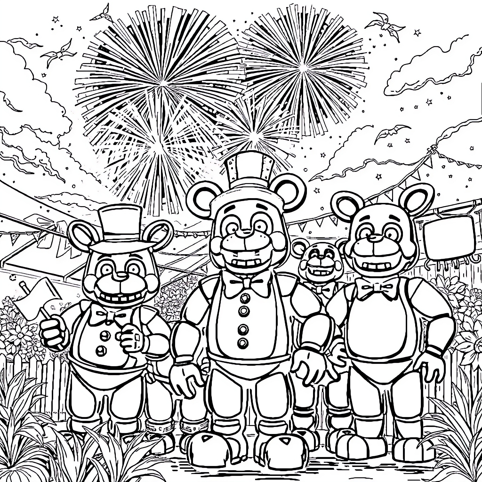 FNAF Characters Celebrating with Fireworks Coloring Page (free black-and-white line drawing printable PDF for all, from beginners to advanced learners, including children, teens, adults, and seniors)