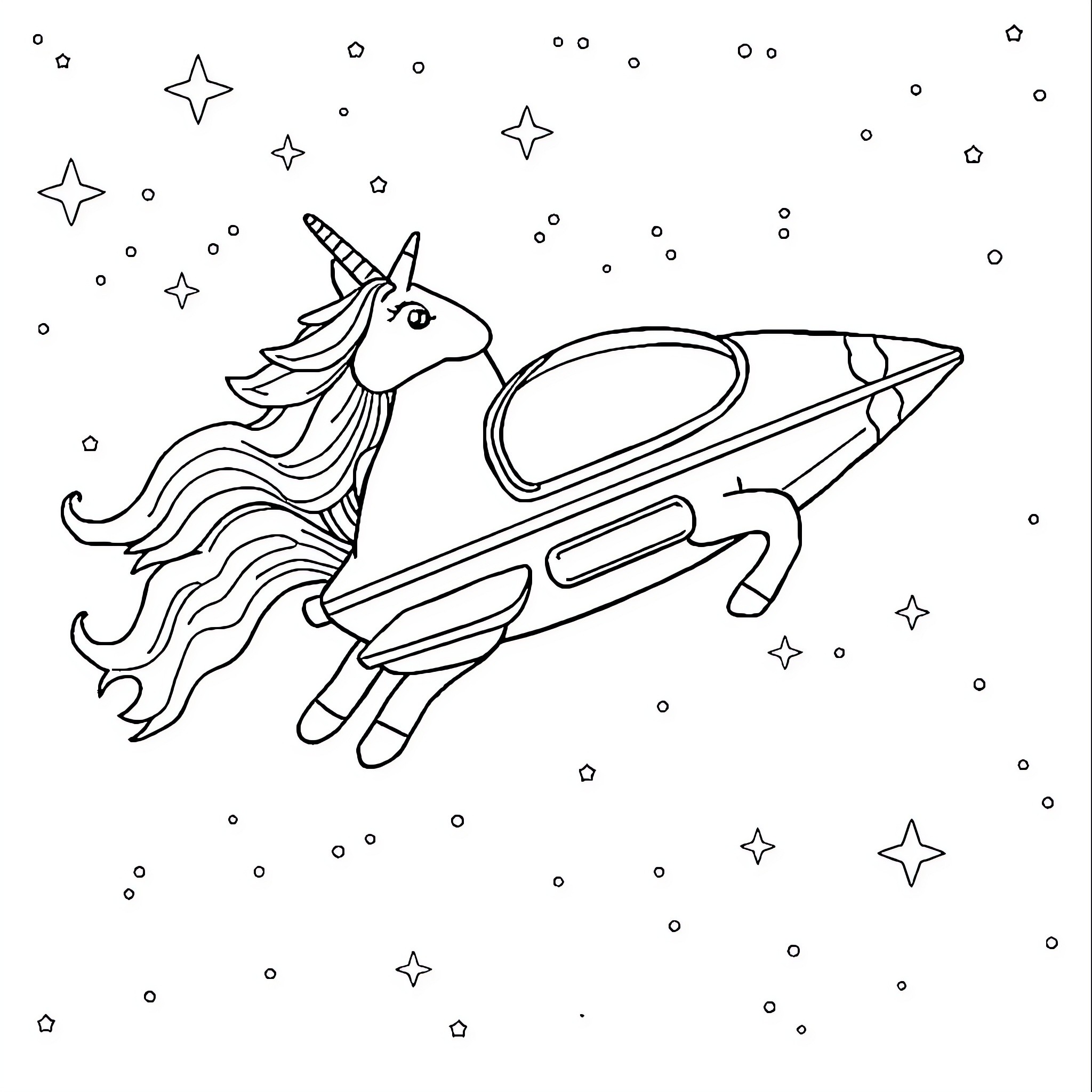 Spaceship carrying a mythical unicorn through the cosmos Coloring Page (free black-and-white line drawing printable PDF for all, from beginners to advanced learners, including children, teens, adults, and seniors)
