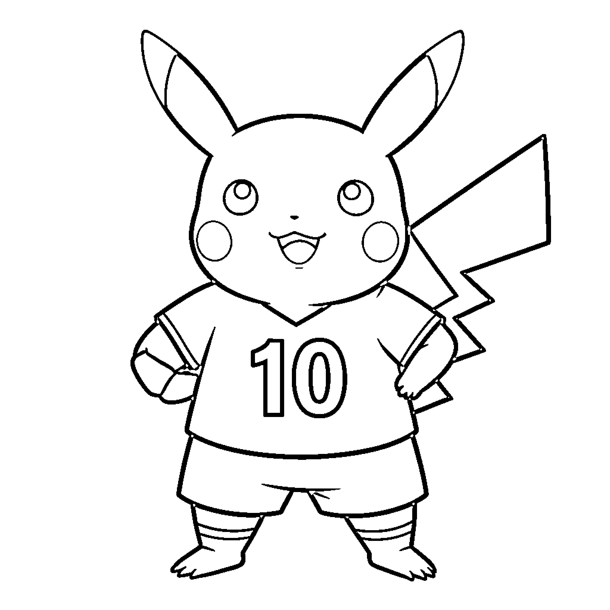 Pikachu wearing a sports jersey and smiling confidently Coloring Page (free black-and-white line drawing printable PDF for all, from beginners to advanced learners, including children, teens, adults, and seniors)