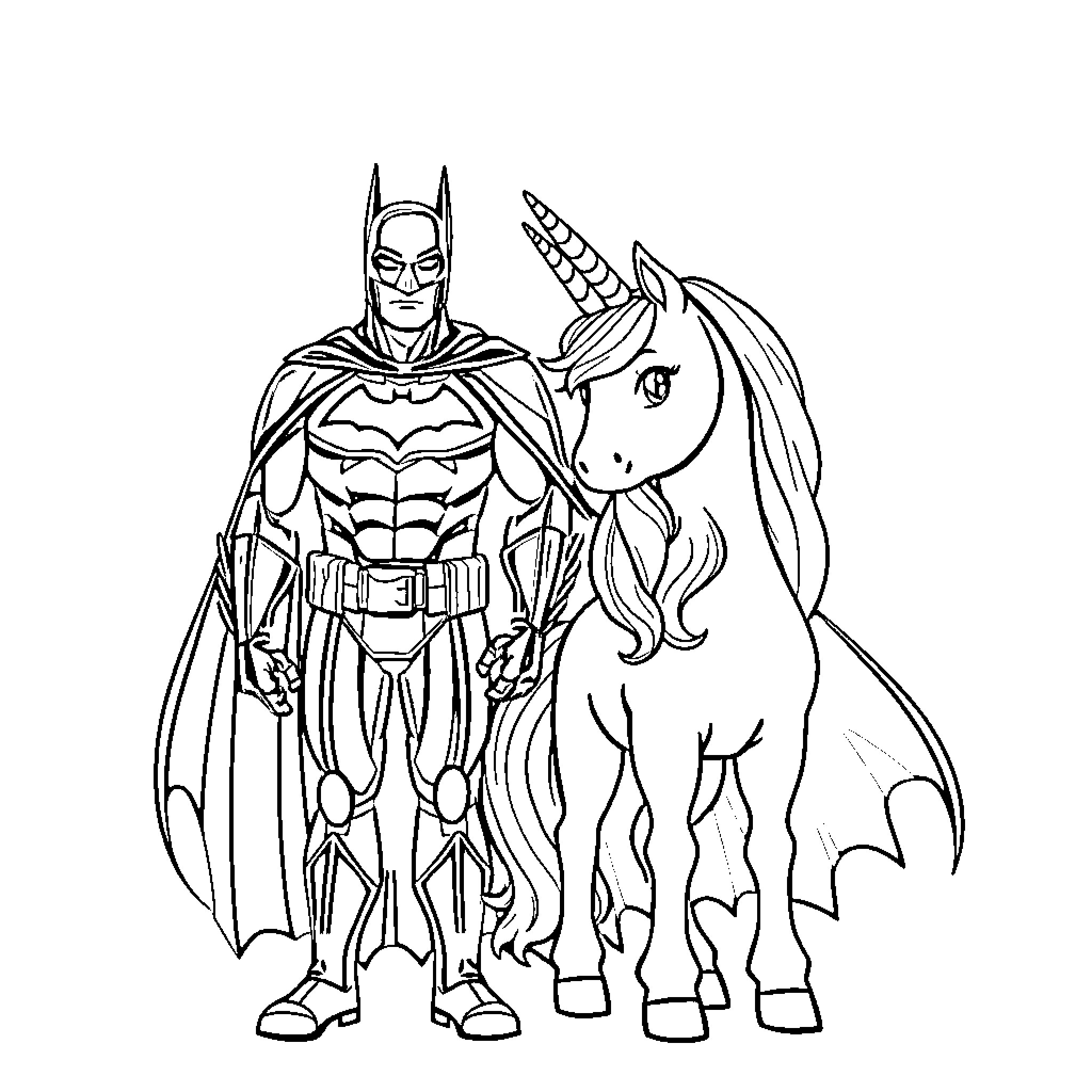 Unicorn superhero saving the day with Batman Coloring Page (free black-and-white line drawing printable PDF for all, from beginners to advanced learners, including children, teens, adults, and seniors)