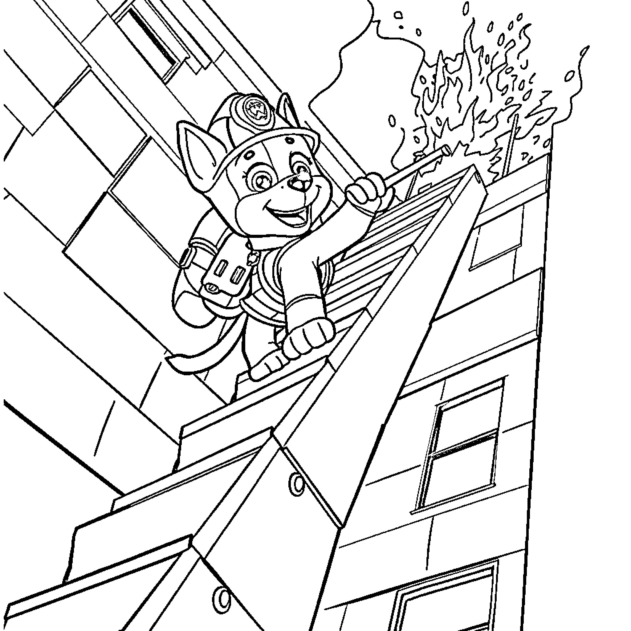 Marshall's Heroic Firefighting Rescue Coloring Page (free black-and-white line drawing printable PDF for all, from beginners to advanced learners, including children, teens, adults, and seniors)