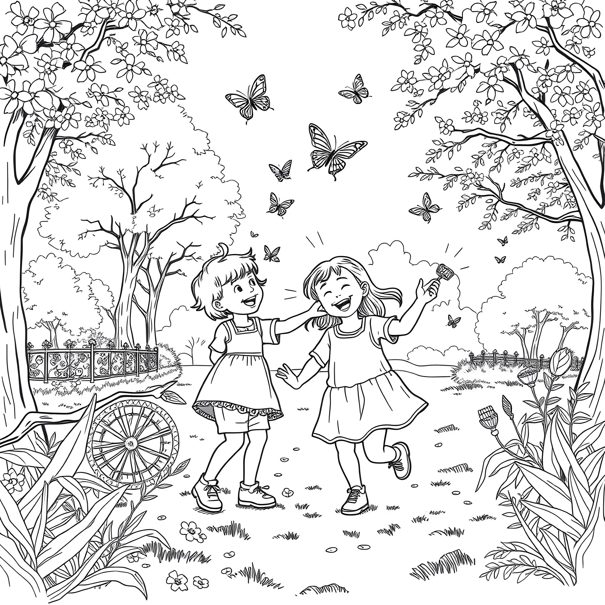 Children playing joyfully in a floral garden Coloring Page (free black-and-white line drawing printable PDF for all, from beginners to advanced learners, including children, teens, adults, and seniors)