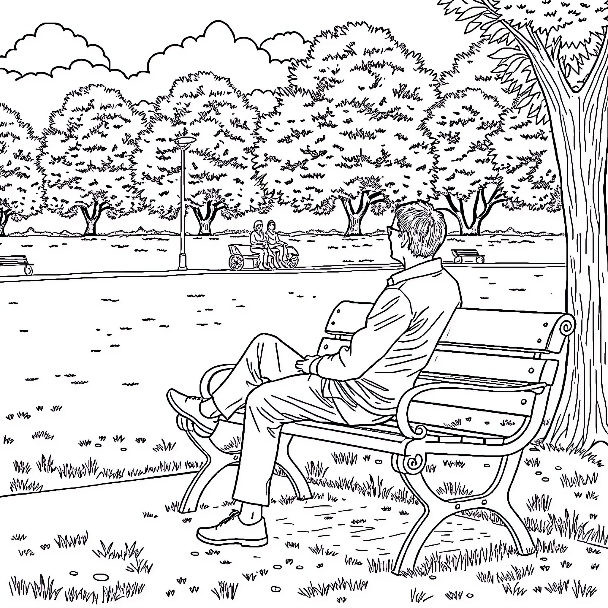 Adult relaxing alone on park bench Coloring Page (free black-and-white line drawing printable PDF for all, from beginners to advanced learners, including children, teens, adults, and seniors)