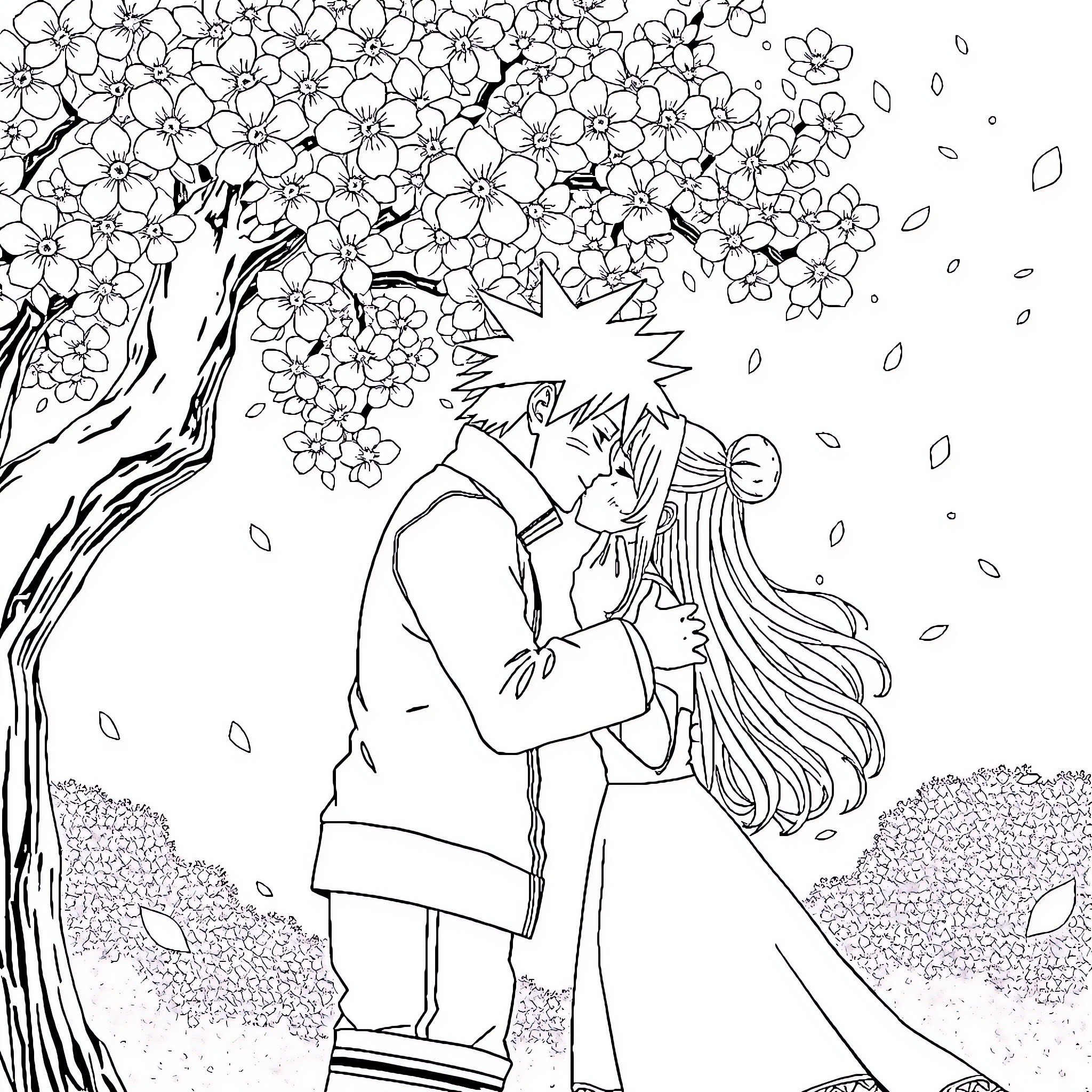 Naruto and Hinata under the Sakura Tree Coloring Page (free black-and-white line drawing printable PDF for all, from beginners to advanced learners, including children, teens, adults, and seniors)