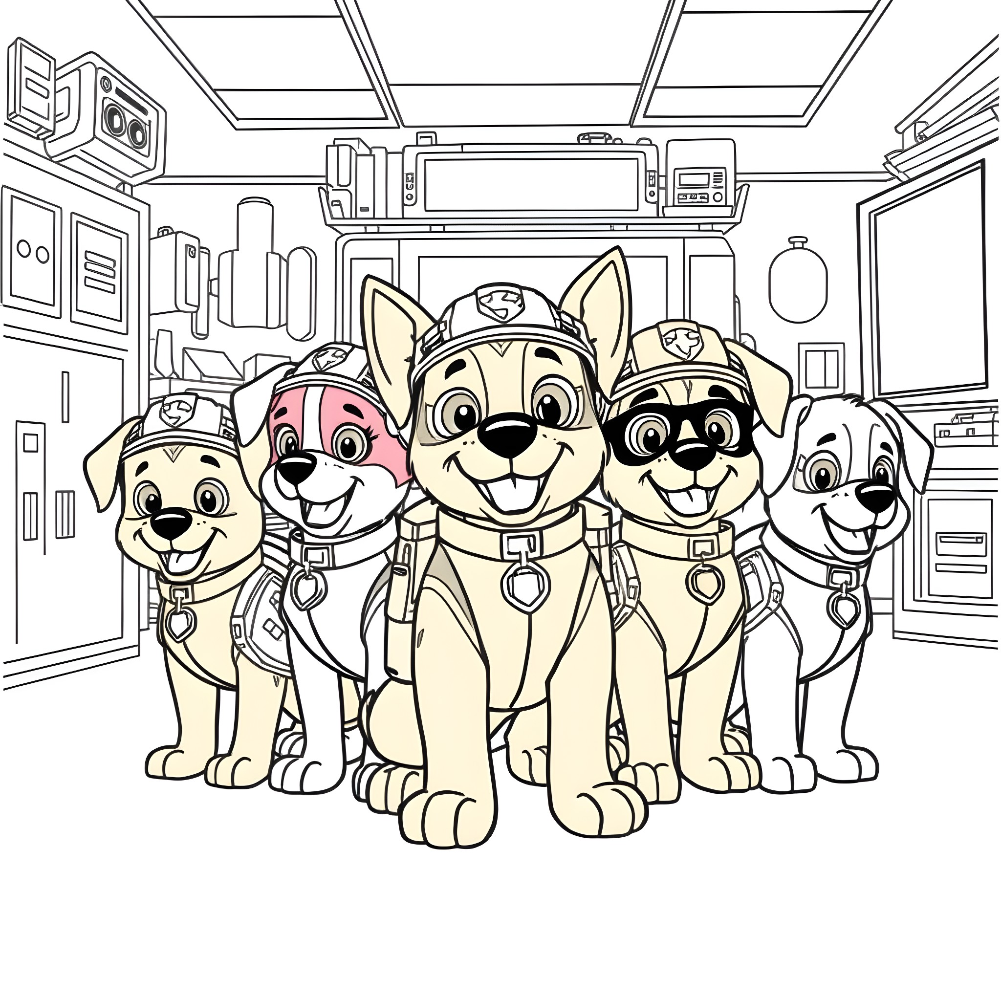 Paw Patrol pups in their rescue gear Coloring Page (free black-and-white line drawing printable PDF for all, from beginners to advanced learners, including children, teens, adults, and seniors)