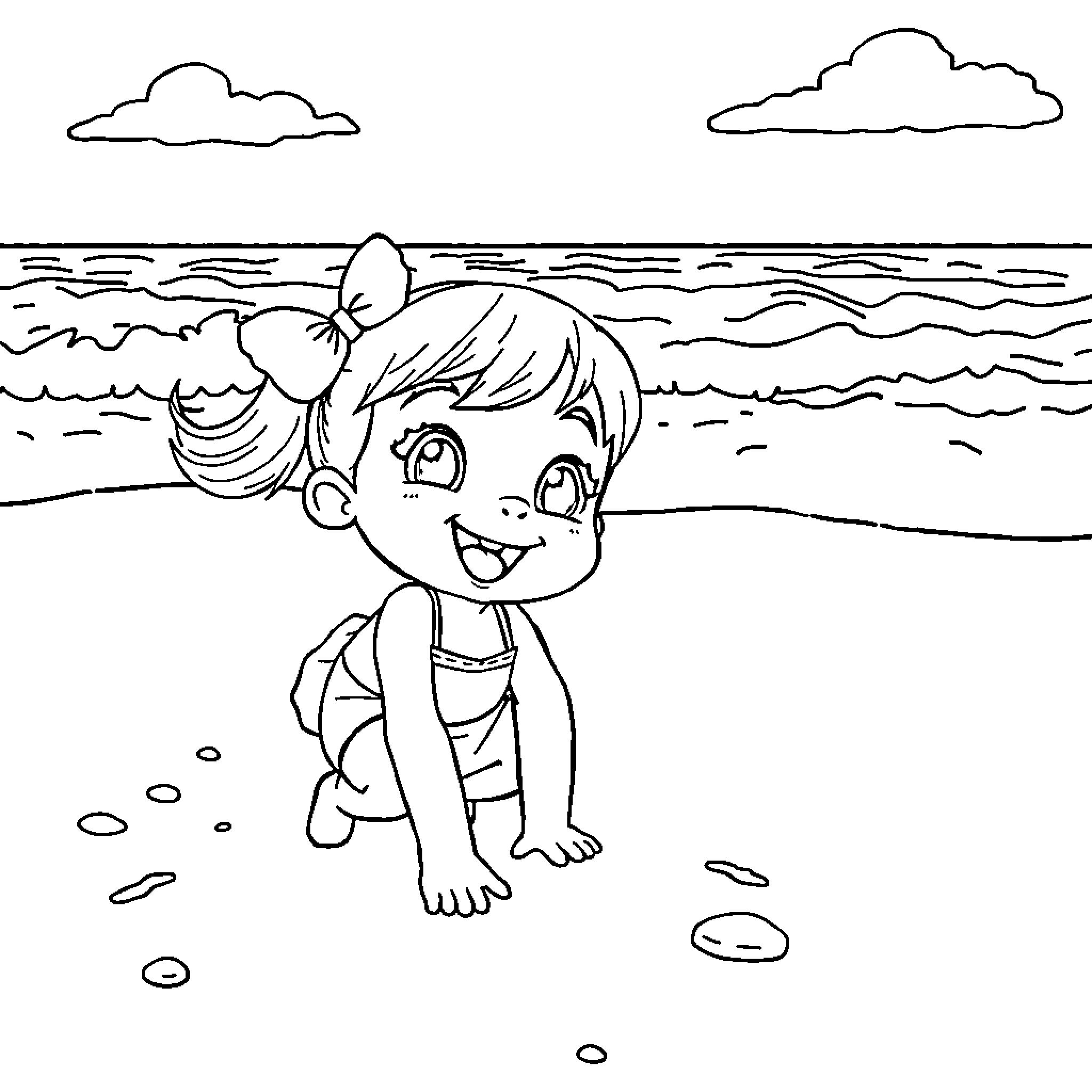 Gaby playing happily on the beach Coloring Page (free black-and-white line drawing printable PDF for all, from beginners to advanced learners, including children, teens, adults, and seniors)