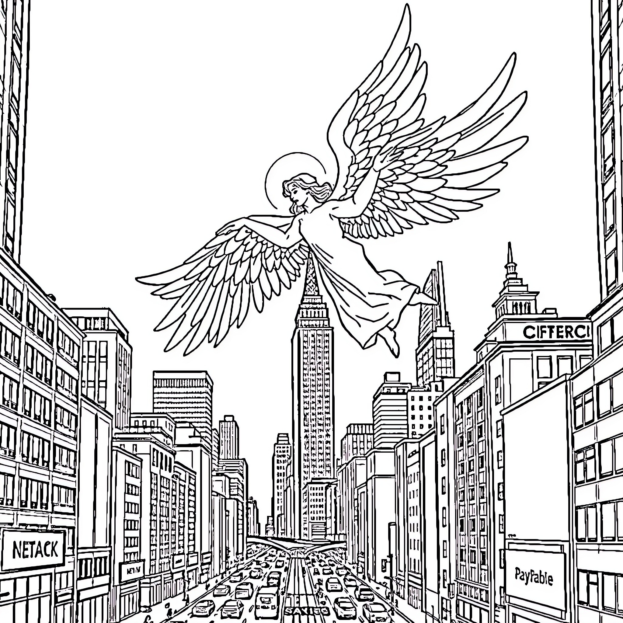 Angel Soaring over Cityscape Coloring Page (free black-and-white line drawing printable PDF for all, from beginners to advanced learners, including children, teens, adults, and seniors)