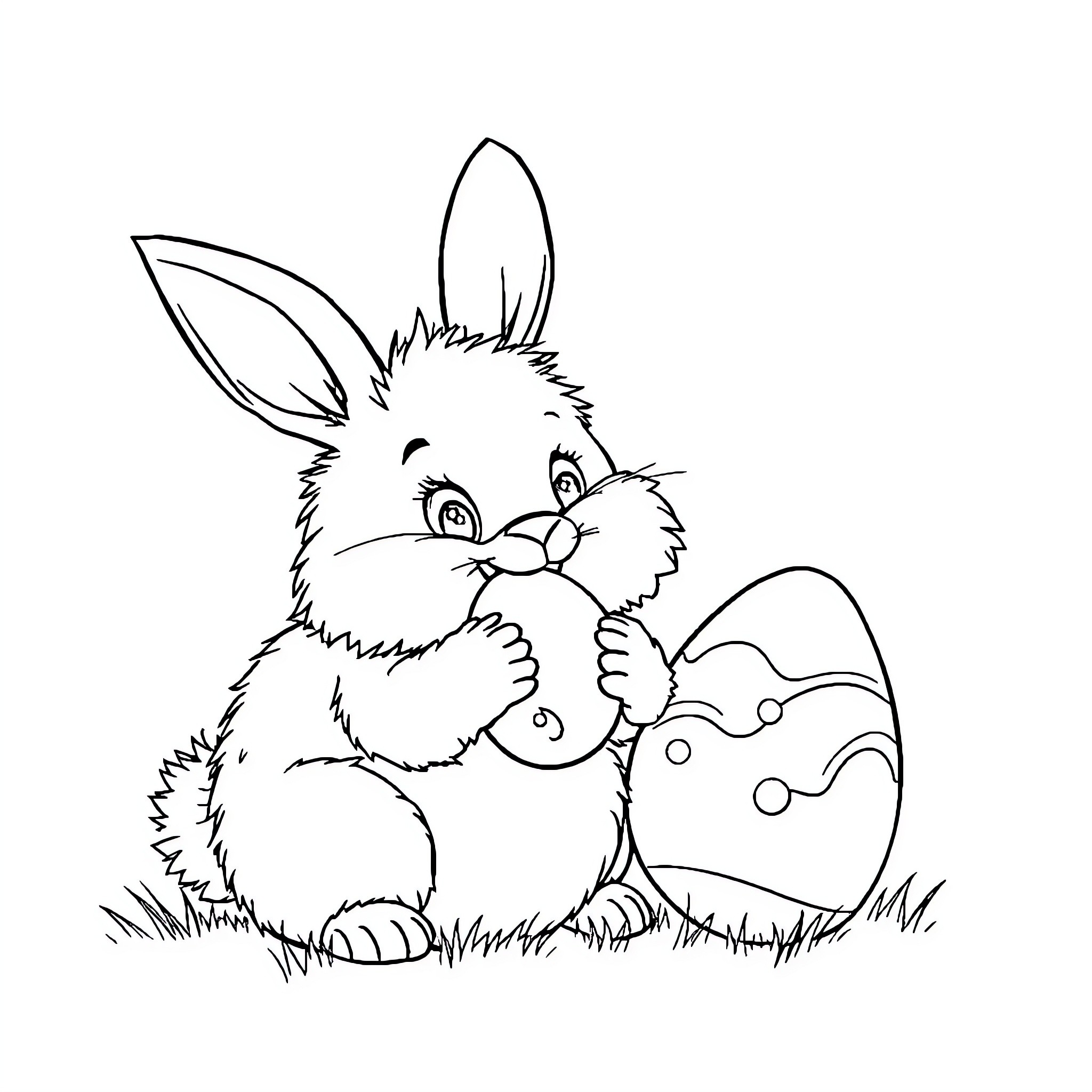 Easter Bunny Admiring Decorated Egg Coloring Page (free black-and-white line drawing printable PDF for all, from beginners to advanced learners, including children, teens, adults, and seniors)