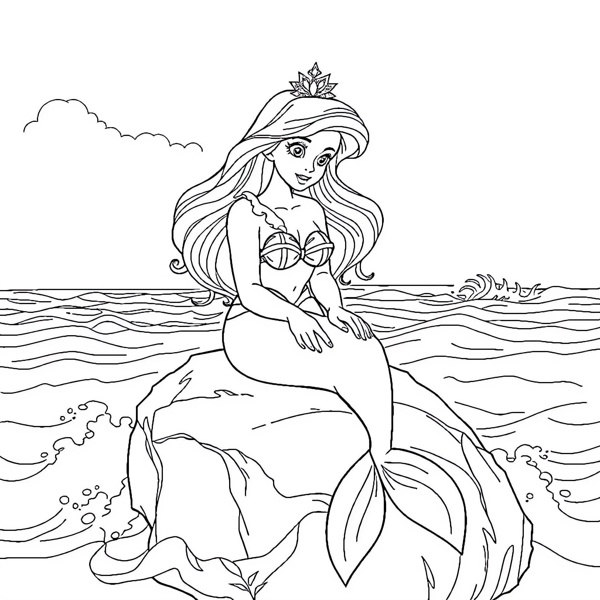 Ariel the Mermaid Relaxing on a Rock Coloring Page (free black-and-white line drawing printable PDF for all, from beginners to advanced learners, including children, teens, adults, and seniors)