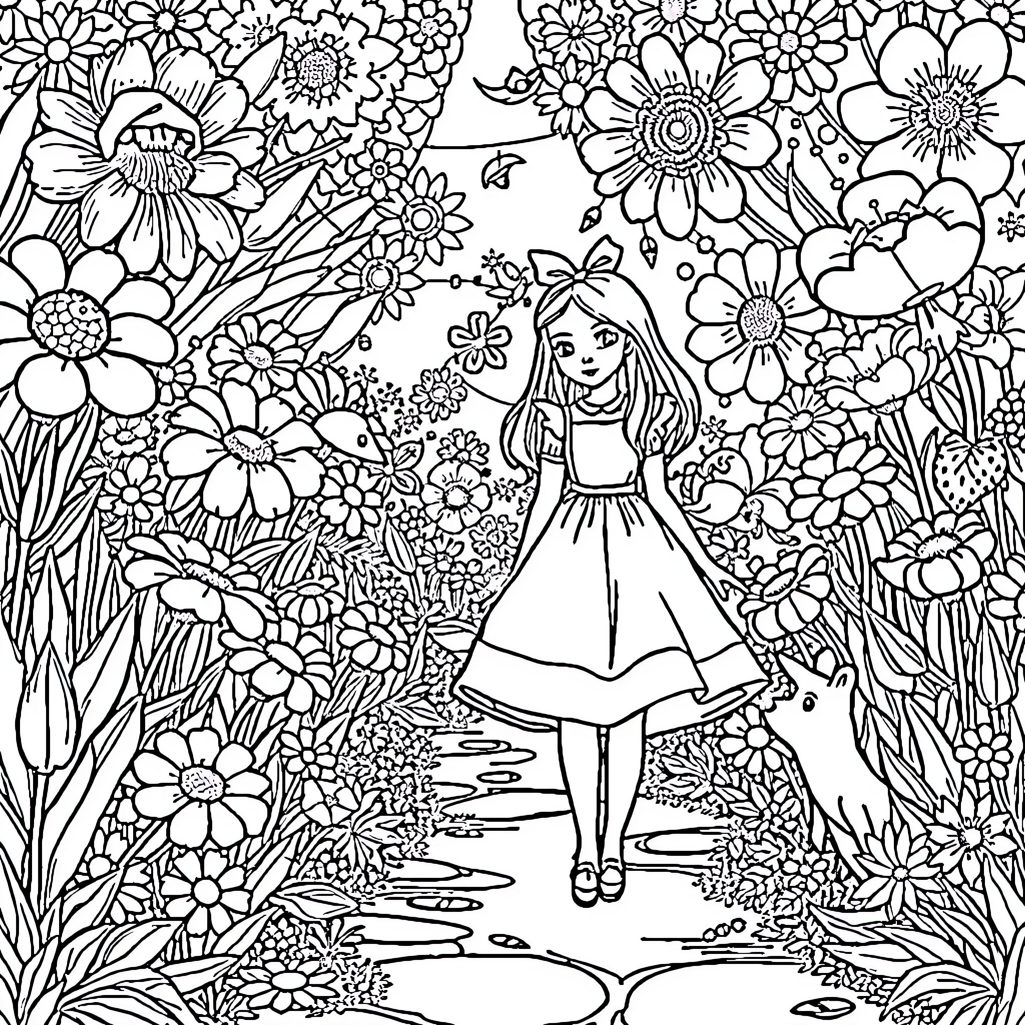Alice's Floral Adventure Coloring Page (free black-and-white line drawing printable PDF for all, from beginners to advanced learners, including children, teens, adults, and seniors)