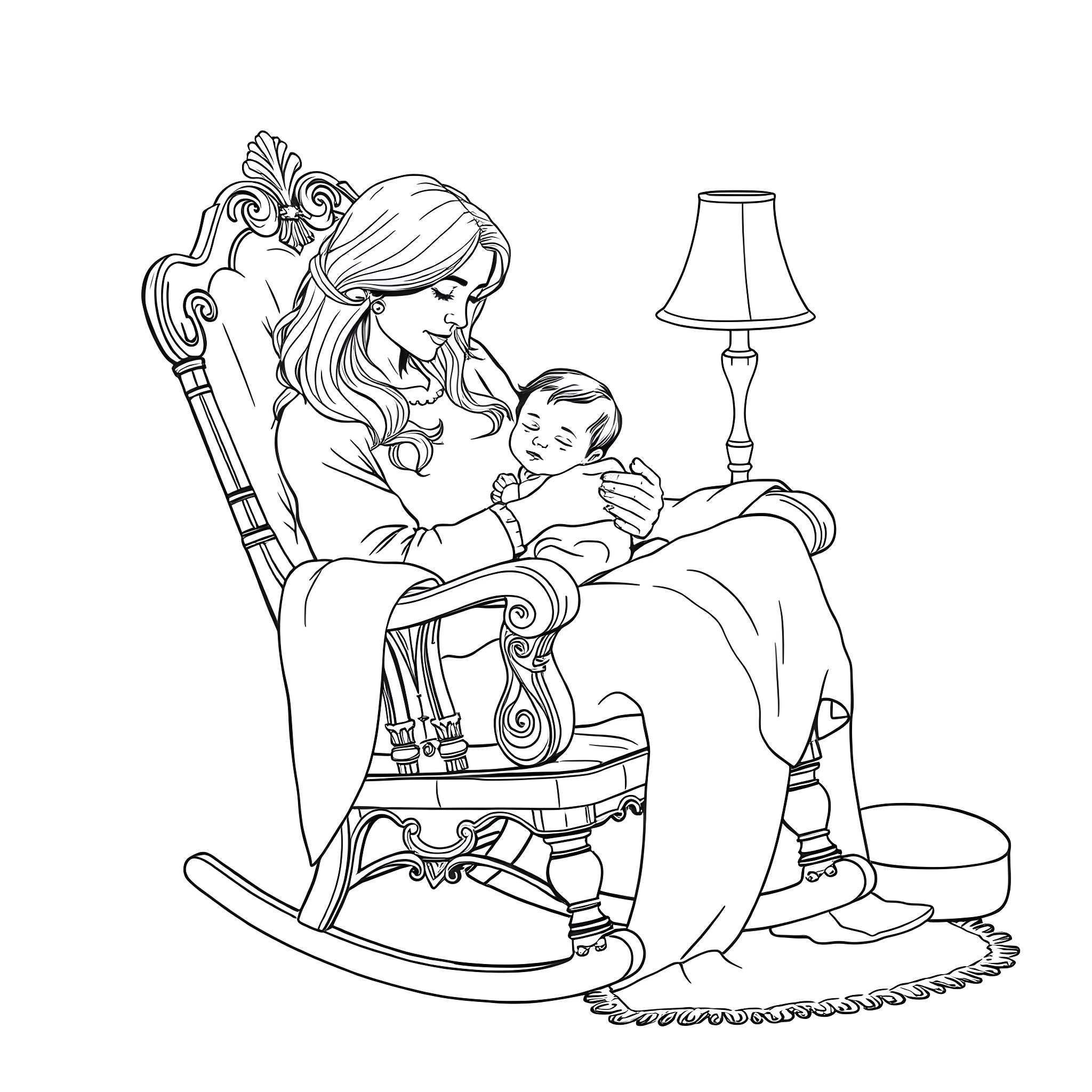 Mother Comforting and Cradling Her Child Coloring Page (free black-and-white line drawing printable PDF for all, from beginners to advanced learners, including children, teens, adults, and seniors)