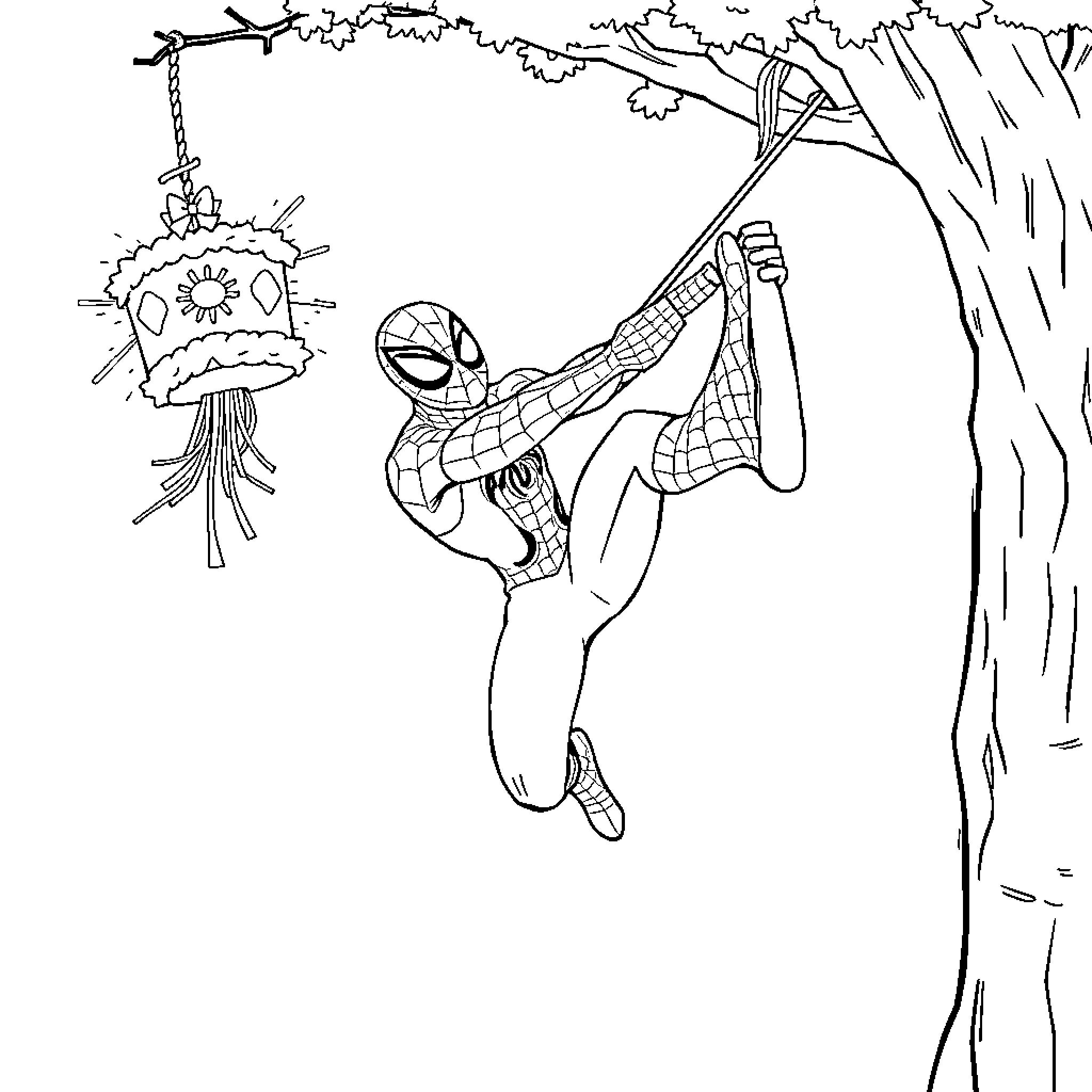 Spider-Man swinging through the city, fighting evil Coloring Page (free black-and-white line drawing printable PDF for all, from beginners to advanced learners, including children, teens, adults, and seniors)