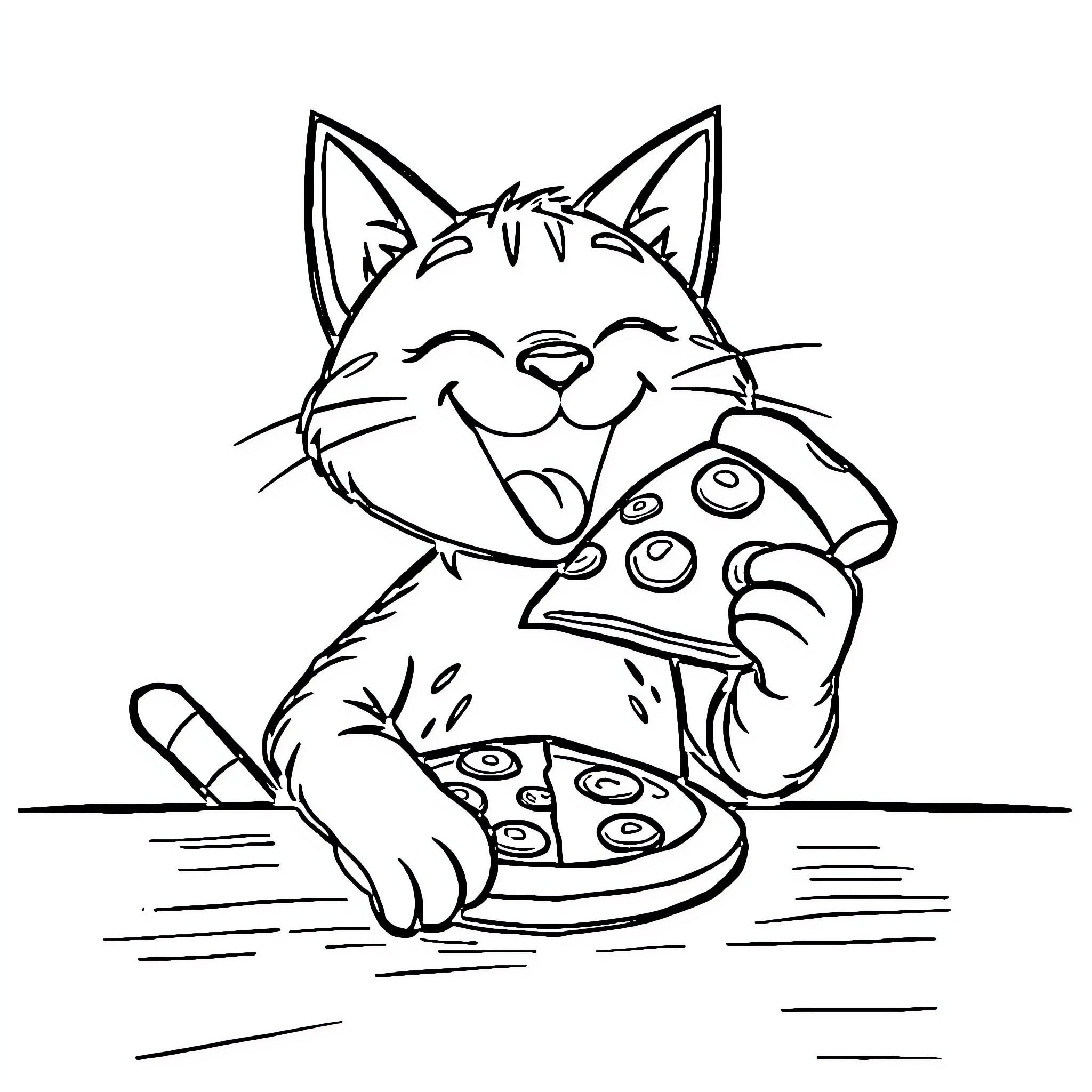 Cat enjoying delicious pizza Coloring Page (free black-and-white line drawing printable PDF for all, from beginners to advanced learners, including children, teens, adults, and seniors)