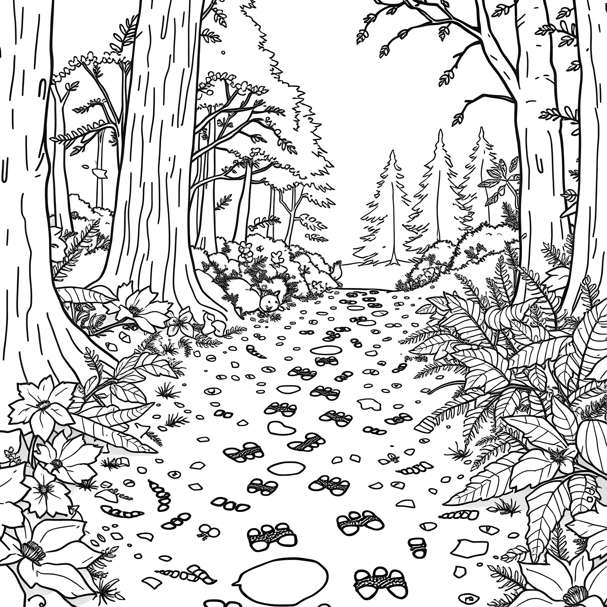 Animal Footprint in the Enchanted Forest Coloring Page (free black-and-white line drawing printable PDF for all, from beginners to advanced learners, including children, teens, adults, and seniors)