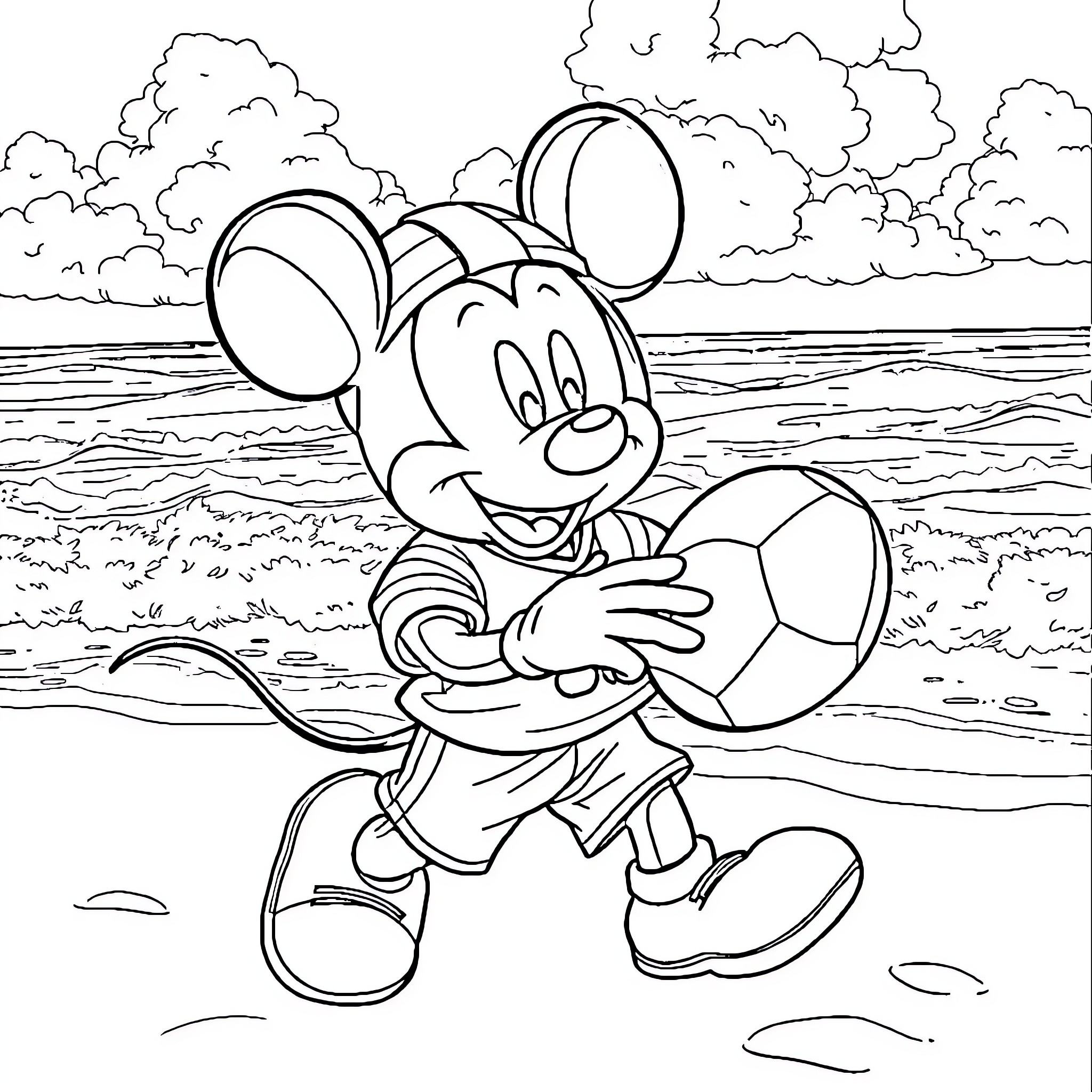 Mickey Mouse playing on the beach Coloring Page (free black-and-white line drawing printable PDF for all, from beginners to advanced learners, including children, teens, adults, and seniors)