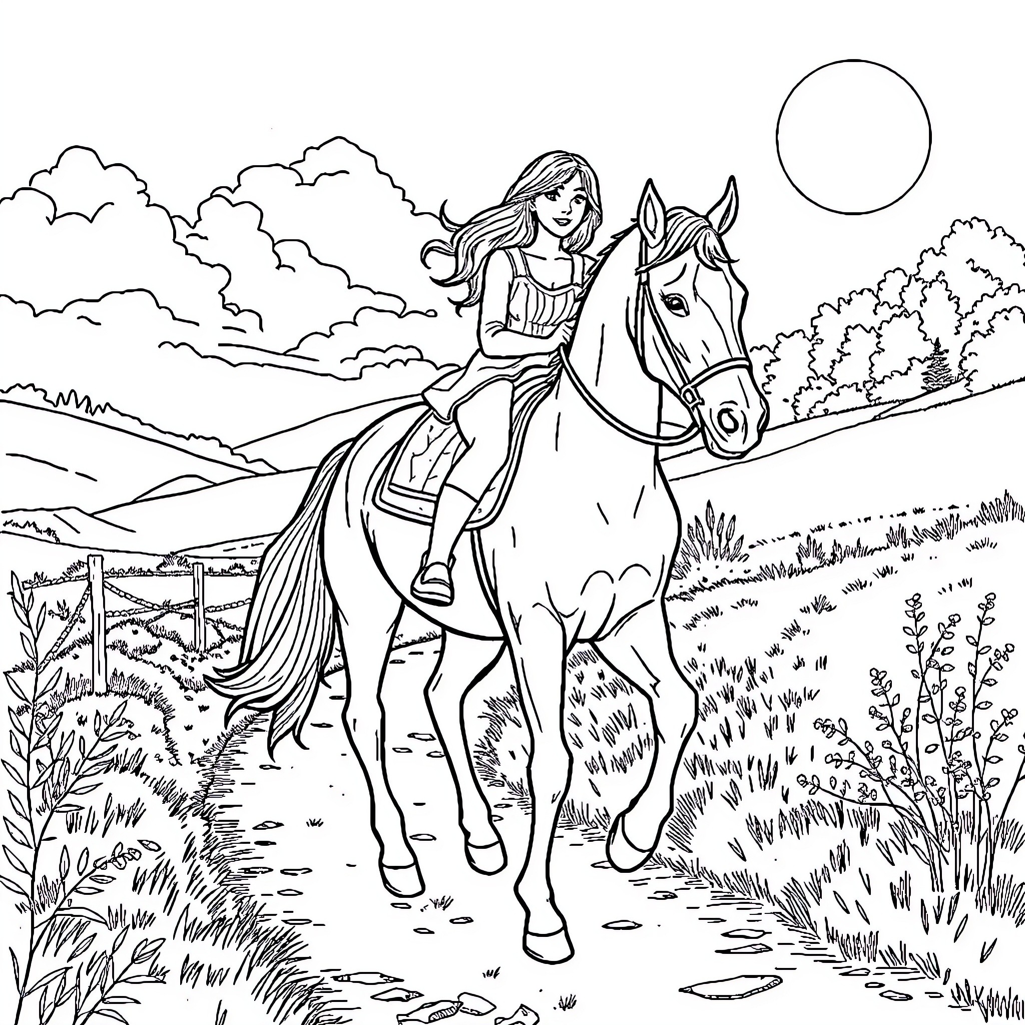 Stoya riding a horse through the countryside Coloring Page (free black-and-white line drawing printable PDF for all, from beginners to advanced learners, including children, teens, adults, and seniors)