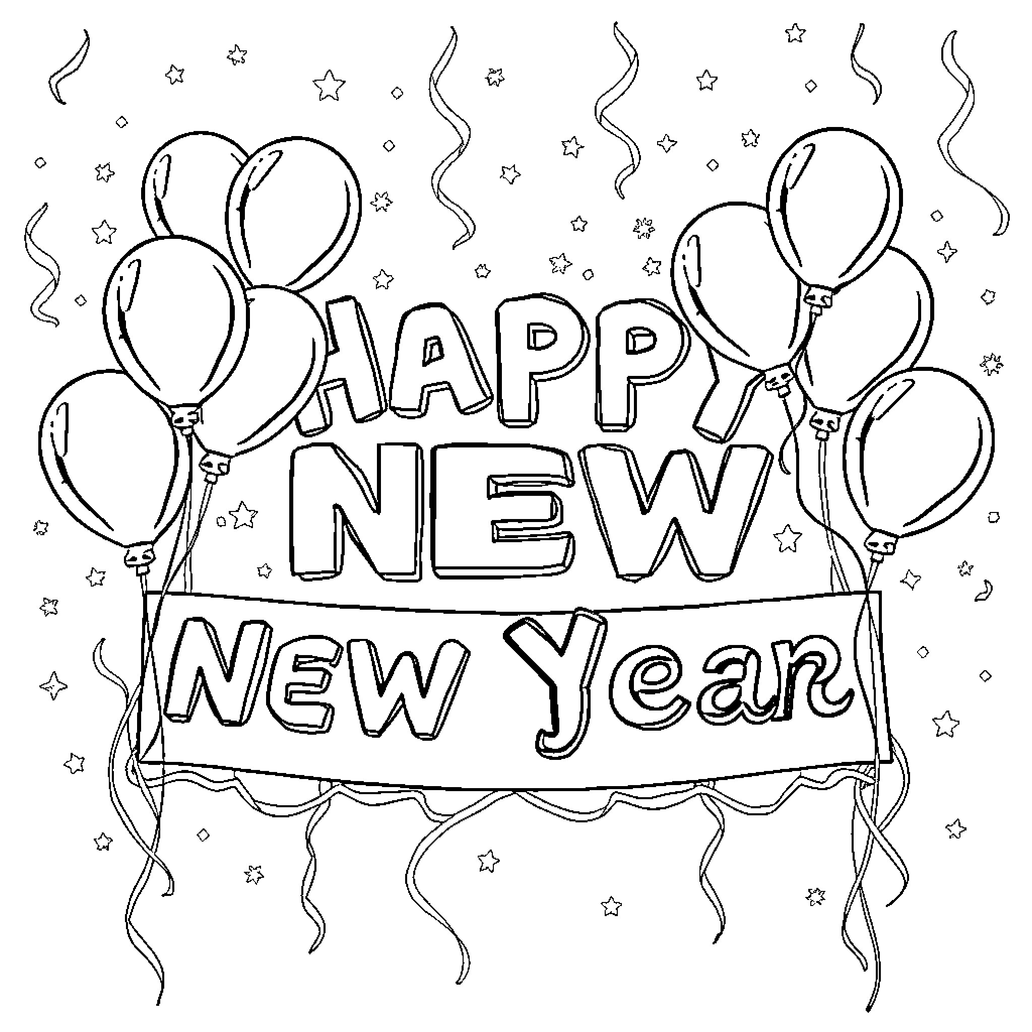 New Year celebration with balloons and party banner Coloring Page (free black-and-white line drawing printable PDF for all, from beginners to advanced learners, including children, teens, adults, and seniors)