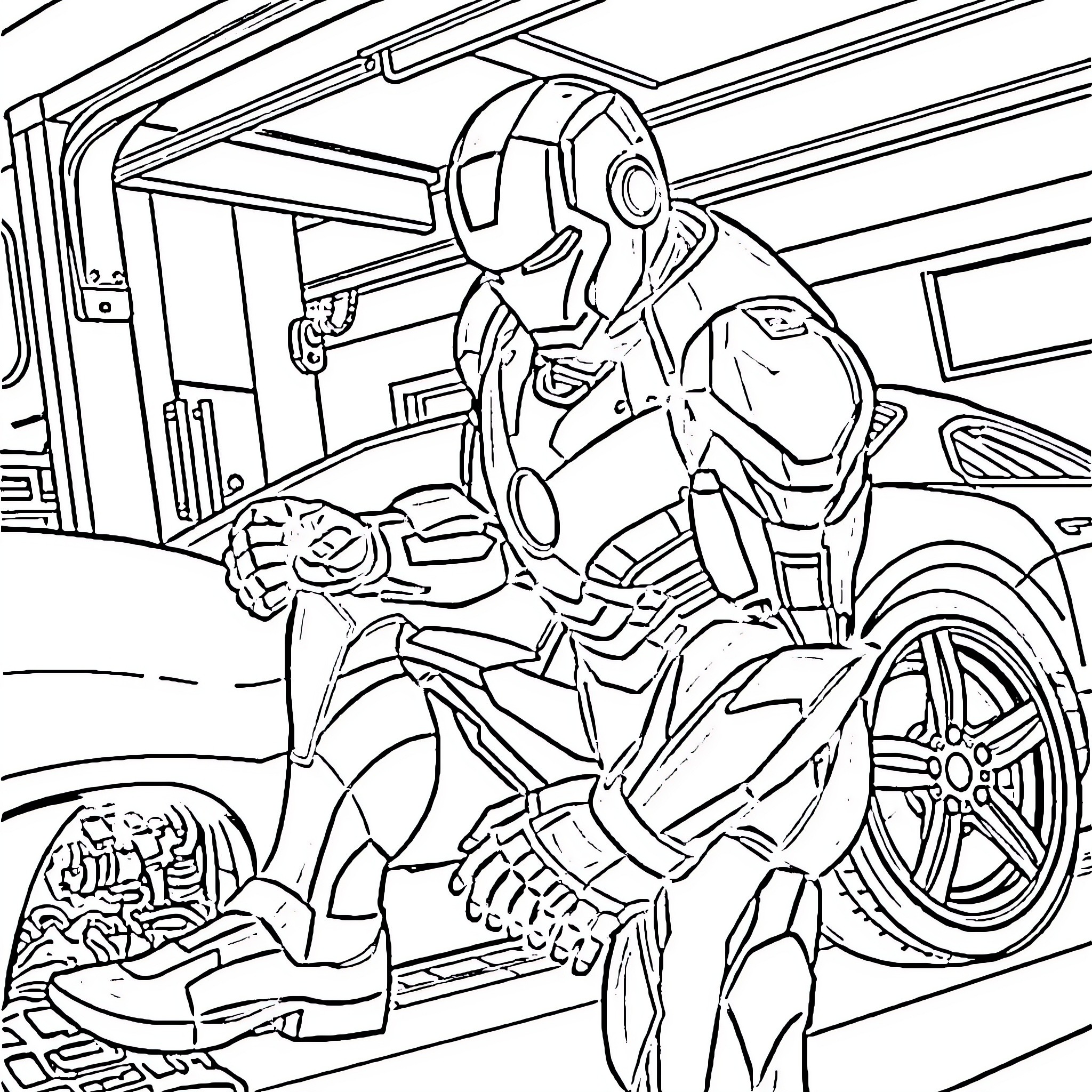 Iron Man working on his suit in the workshop Coloring Page (free black-and-white line drawing printable PDF for all, from beginners to advanced learners, including children, teens, adults, and seniors)
