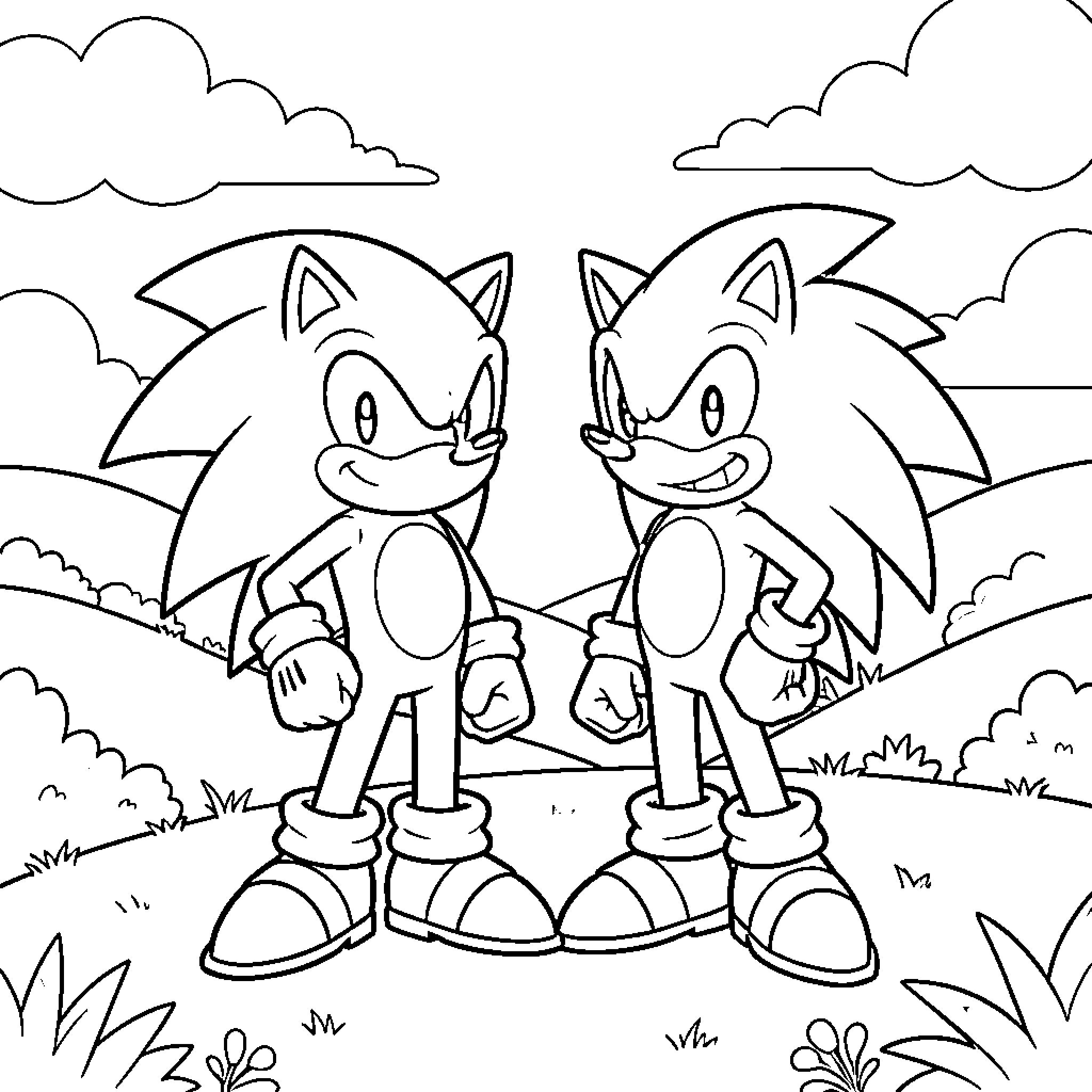 Sonic characters exploring the outdoor scene Coloring Page (free black-and-white line drawing printable PDF for all, from beginners to advanced learners, including children, teens, adults, and seniors)