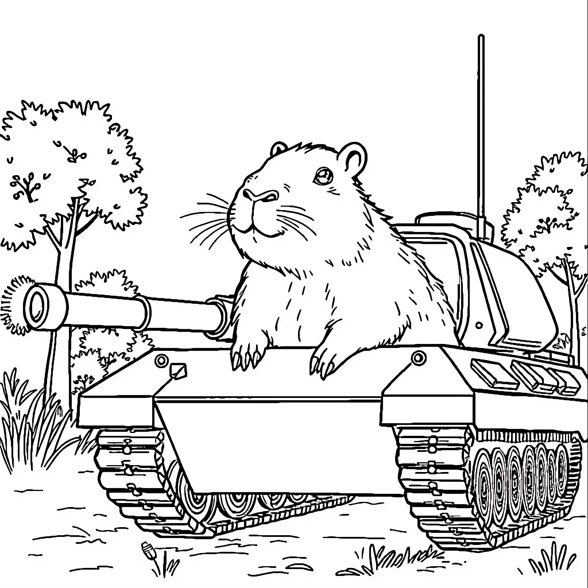 Capybara riding a military tank in the wilderness Coloring Page (free black-and-white line drawing printable PDF for all, from beginners to advanced learners, including children, teens, adults, and seniors)